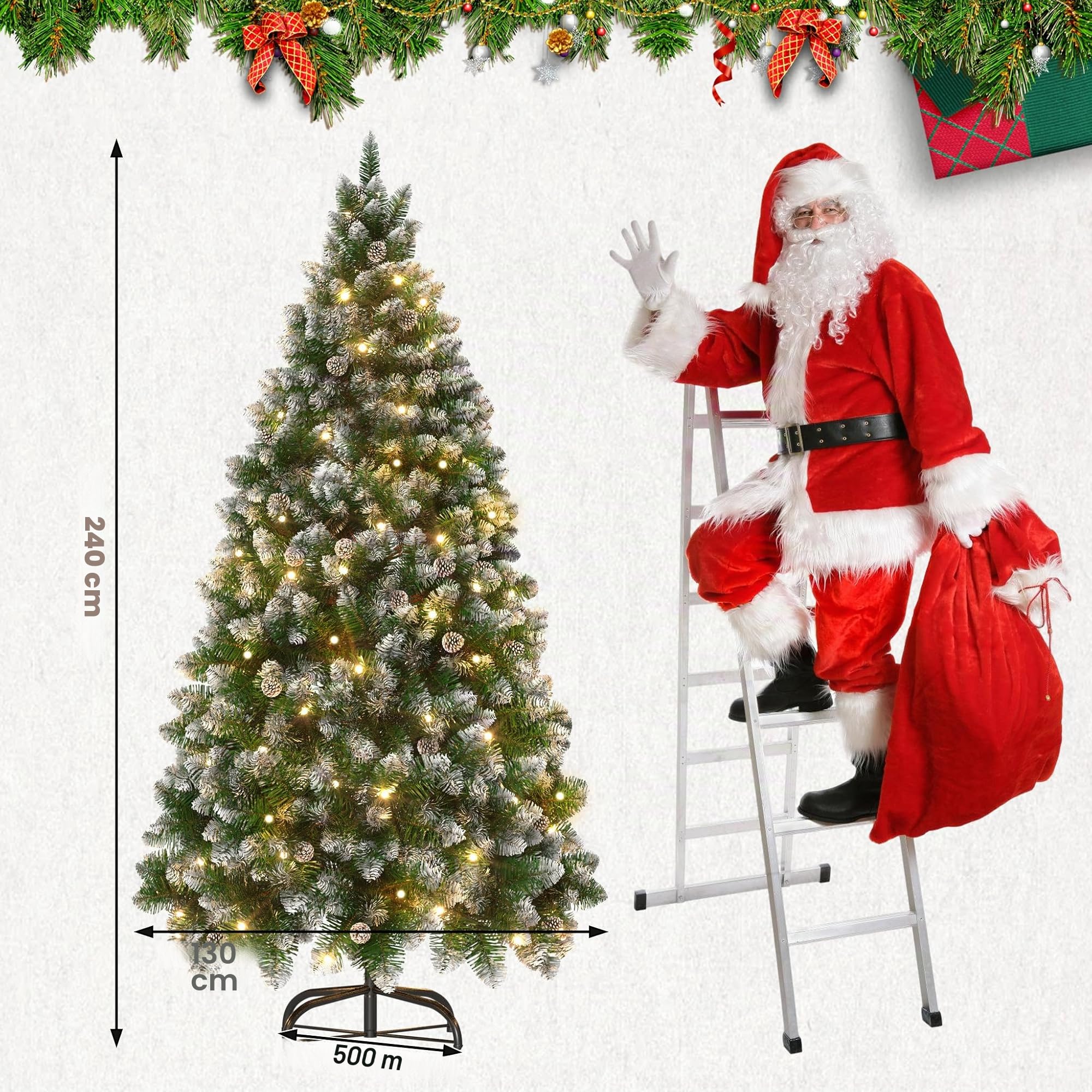 AufuN Sapin de Noël artificiel avec éclairage - 240 cm - Avec neige et pommes de pin - Montage rapide - Avec support