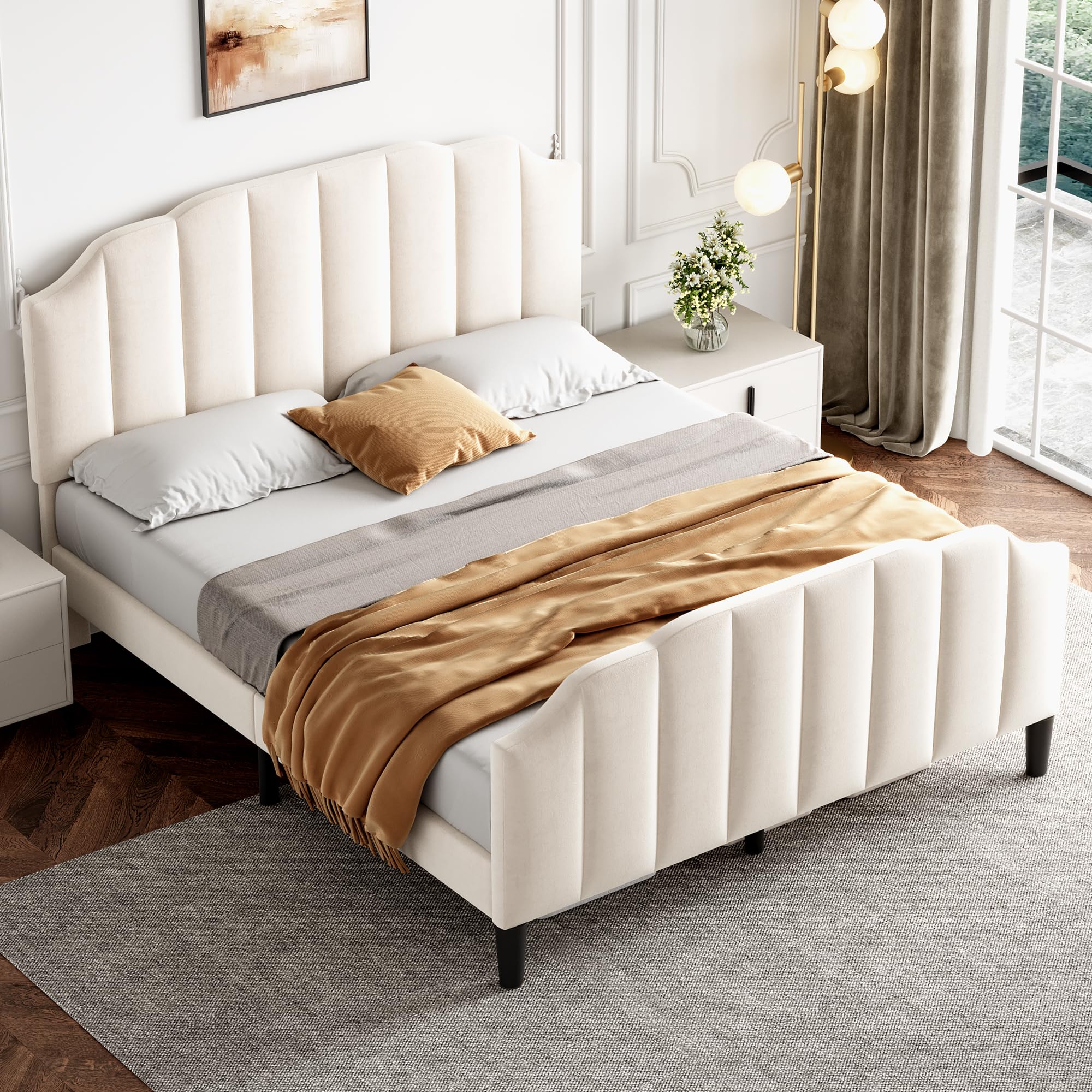 Merax 4ft6 Double Bed Frame, Upholstered Bed Frame with Adjustable Chic Channel-Tufted Headboard, Velvet Platform Bed Frame with Solid Wood Slat and Mute Foam, Beige/135 * 190CM (No Mattress) — image 1