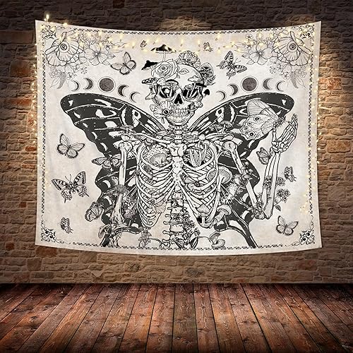 Miniatura 4 de SVBright Tapiz de tela de calavera para colgar en la pared, 59 pulgadas de ancho x 51 pulgadas de alto, esqueleto de polilla, vintage, mariposa,