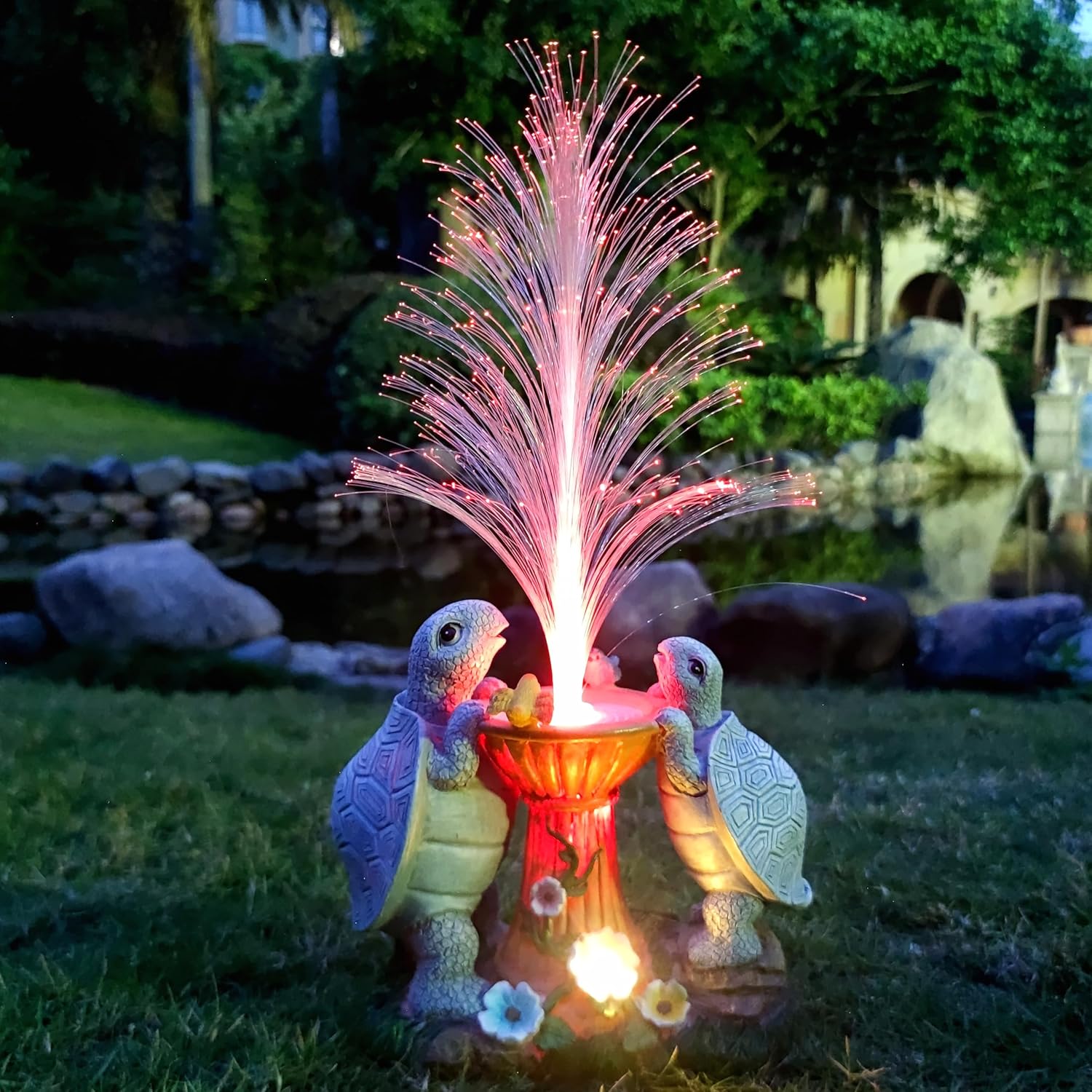 Solar Turtle Garden Statues with LED Lights, Resin Turtles Figurine Outdoor Decorations Colour Changing Optical Fiber Solar Light, Outside Art Decor for Lawn,Yard, Unique Housewarming Gifts