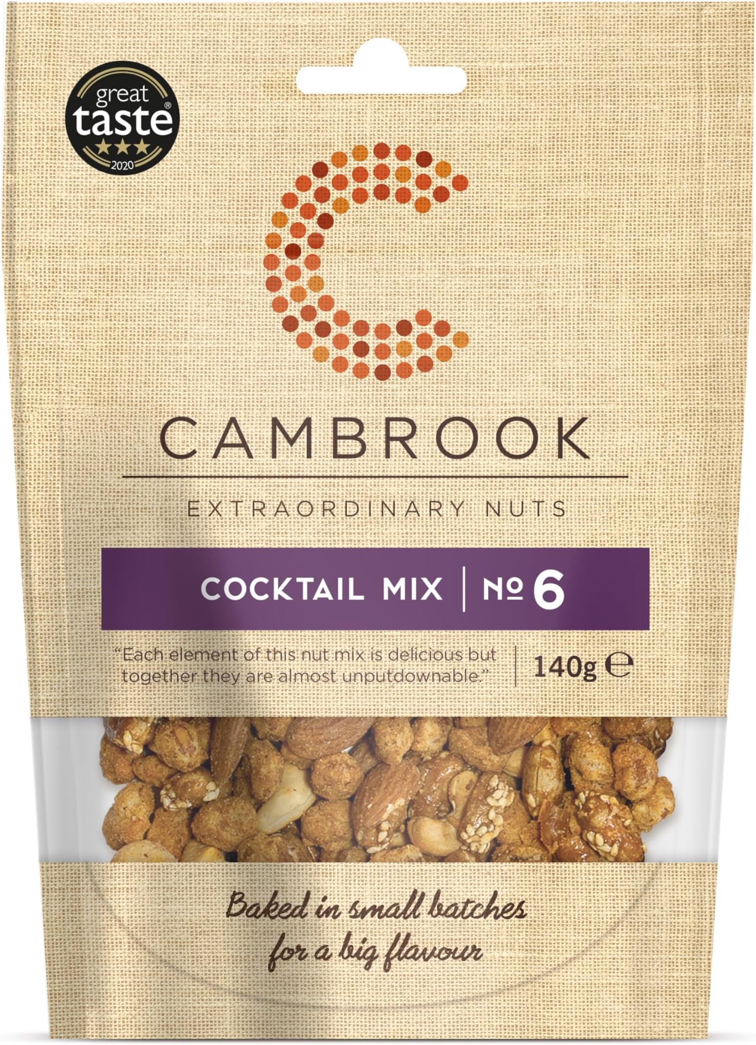 Cambrook - Cocktail Mix 6, Salted, Smoked, & Caramelised Mixed Nuts, 140g Bag