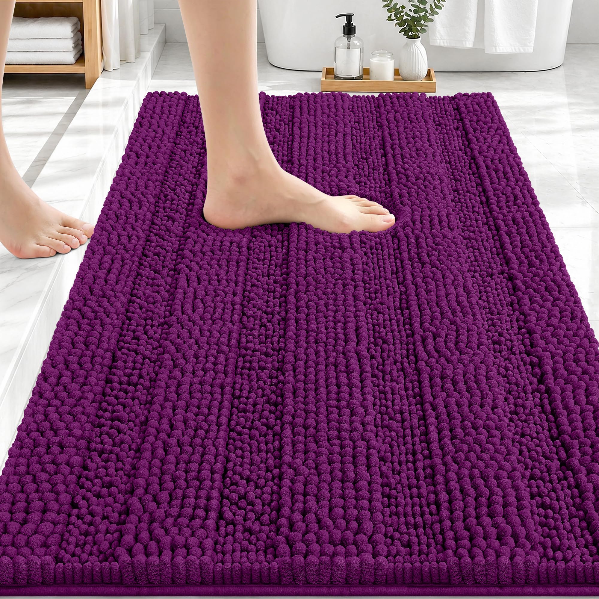 OLANLY Thick Bathroom Rugs 30x20, Soft Chenille Striped Bath Rugs, Purple