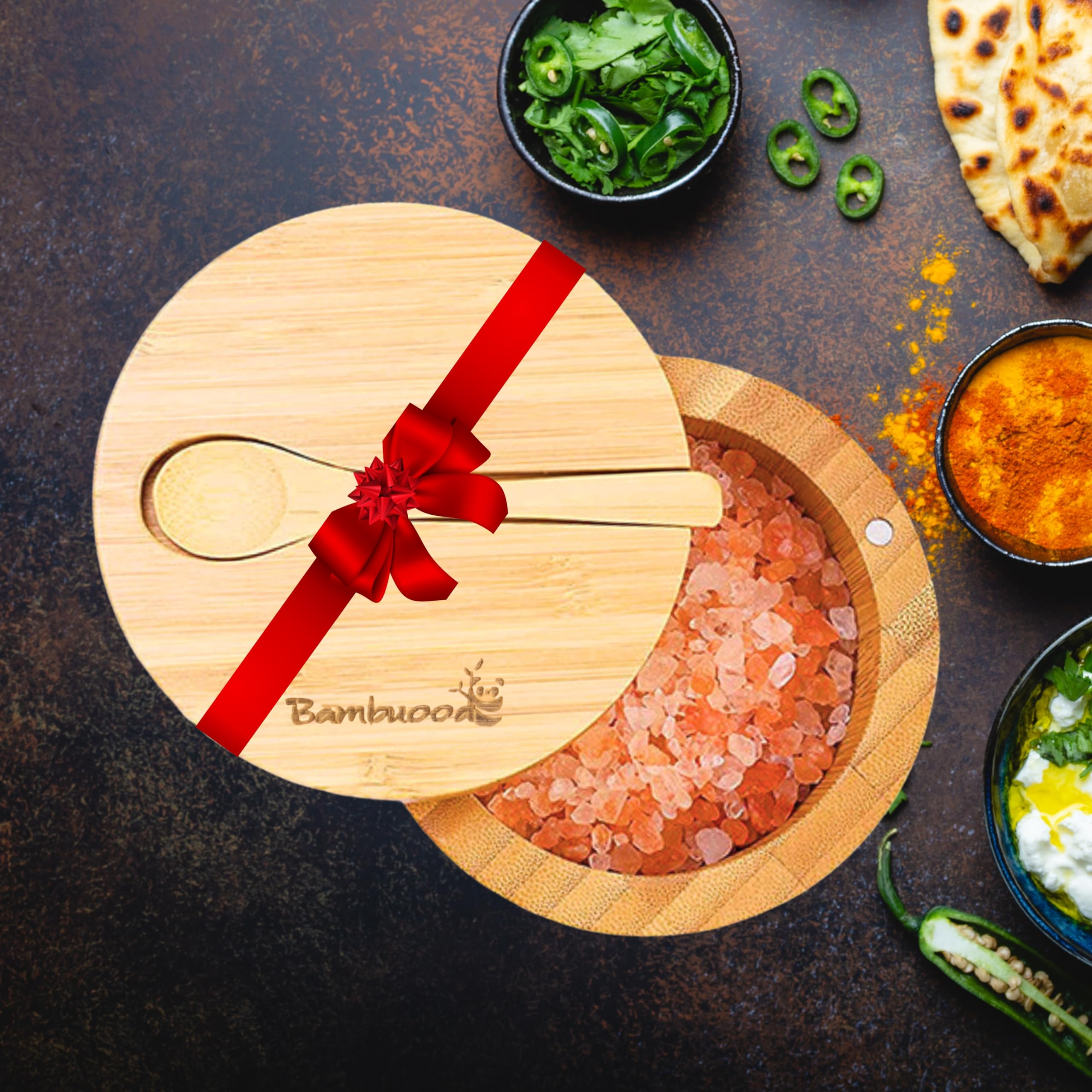 Premium Bamboo Salt Cellar with Swivel Magnetic Lid - 100% Handmade, Elegant Salt & Spices Storage Box and Multi-Use Container with Mini Spoon.