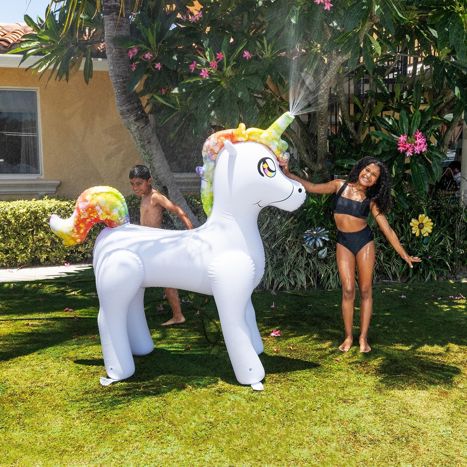 PoolCandy 6-Foot Giant Inflatable Unicorn Sprinkler – Large Backyard Water Sprayer for Kids & Adults, Garden Hose Splash Toy with Ground Pegs