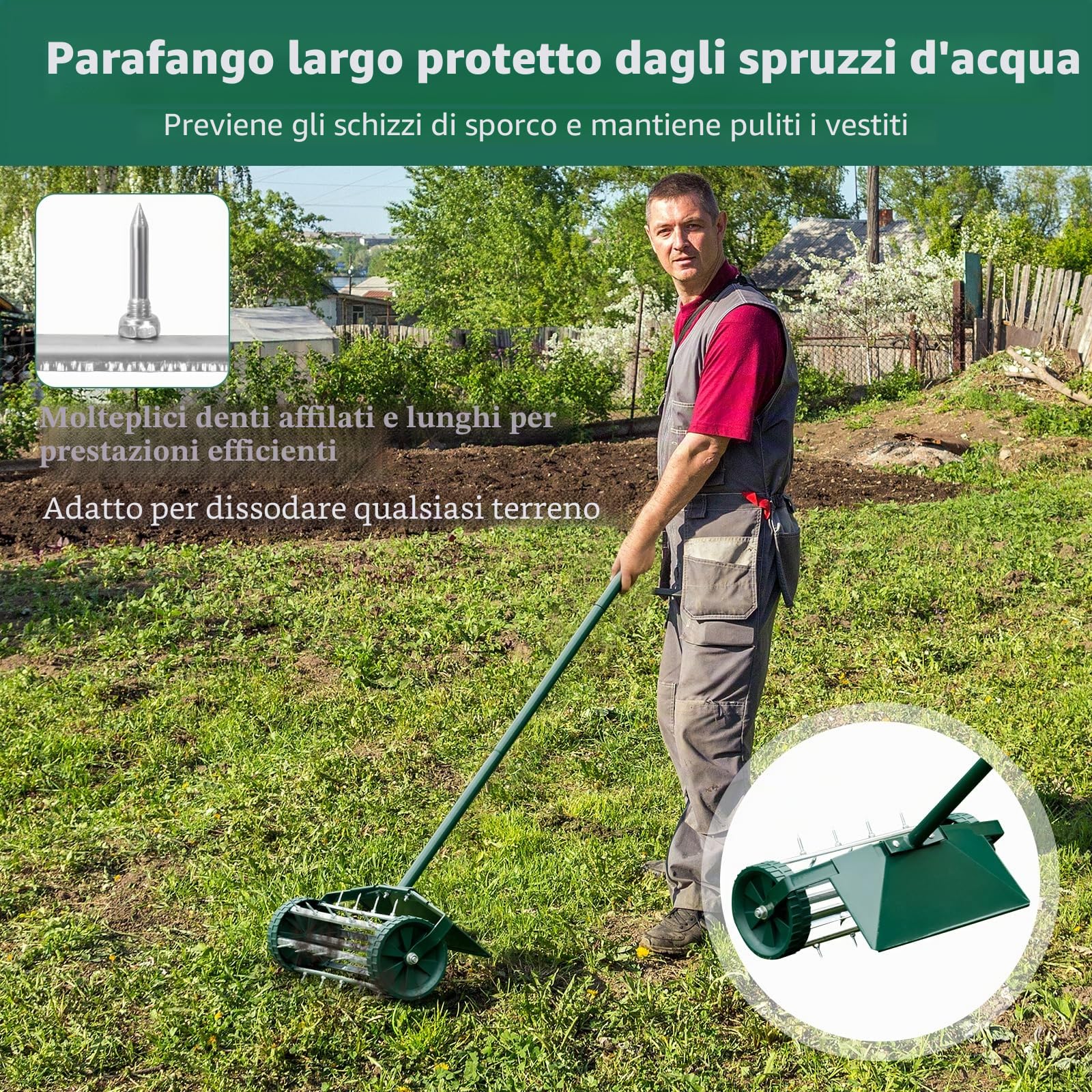 SOARS Arieggiatore per Prato a Rullo Manuale (46 x 127 cm, con Parafango) | Aeratore con Ruote da Giardino con Chiodi da 3 cm, Scarificatore a Mano in Metallo, Ideale per Prato, Orto e Terreno