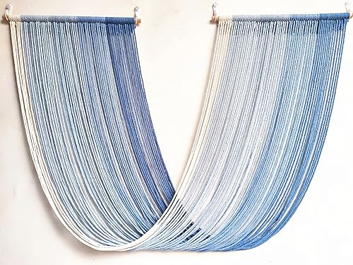 QULBUJ Tapiz de macramé para colgar en la pared, hilo teñido anudado, arte de pared degradado, decoración bohemia para el hogar, 52 pulgadas de Azul