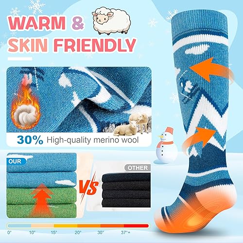 Miniatura 2 de unenow Calcetines de esquí de lana merino para niños, 2 pares, calcetines térmicos cálidos de invierno para niños y niñas pequeños