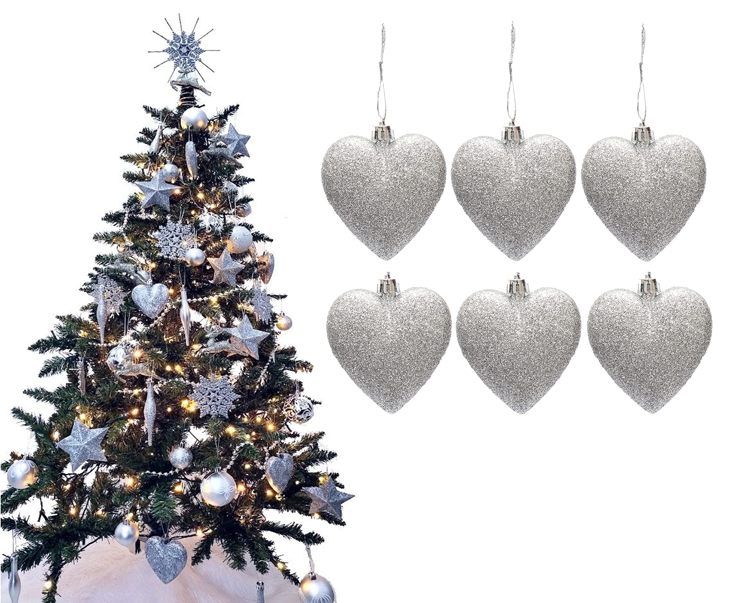 Simply Products Silver Glitter 6 Heart Baubles - Great Christmas Tree Decorations, Glitter Heart Baubles (Silver Glitter)
