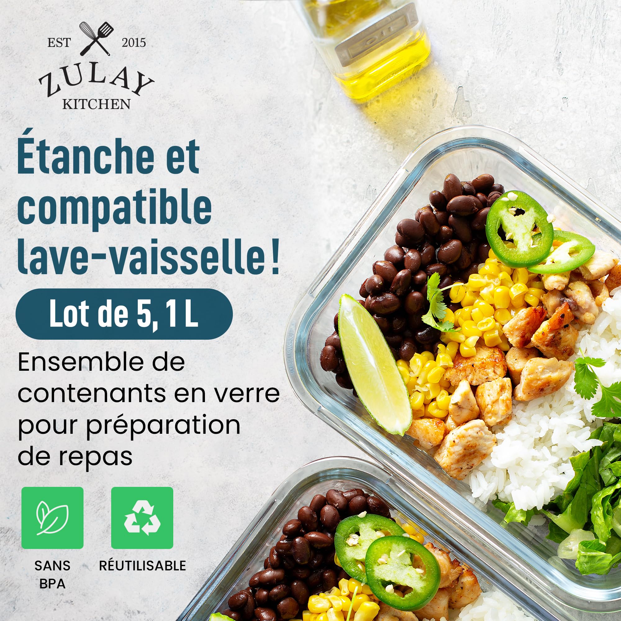 Zulay Lot de 5 boîtes de rangement en verre avec couvercles – 1 020,6 g – Boîtes de conservation en verre avec couvercles hermétiques à fermeture à pression anti-fuite