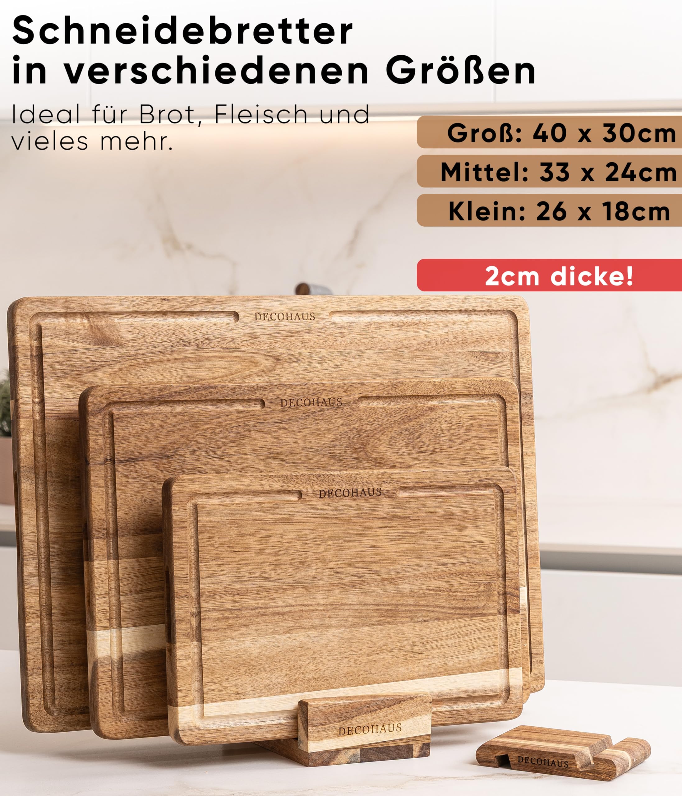 Deco haus Schneidebrett Holz 3er Set aus Robustem Akazie [2cm DICKE] - Schneidebretter mit Saftrille - Holzbrett Küche 40x30, 33x24, 26x18 Holzbretter - Wooden Cutting board set - Holzschneidebrett
