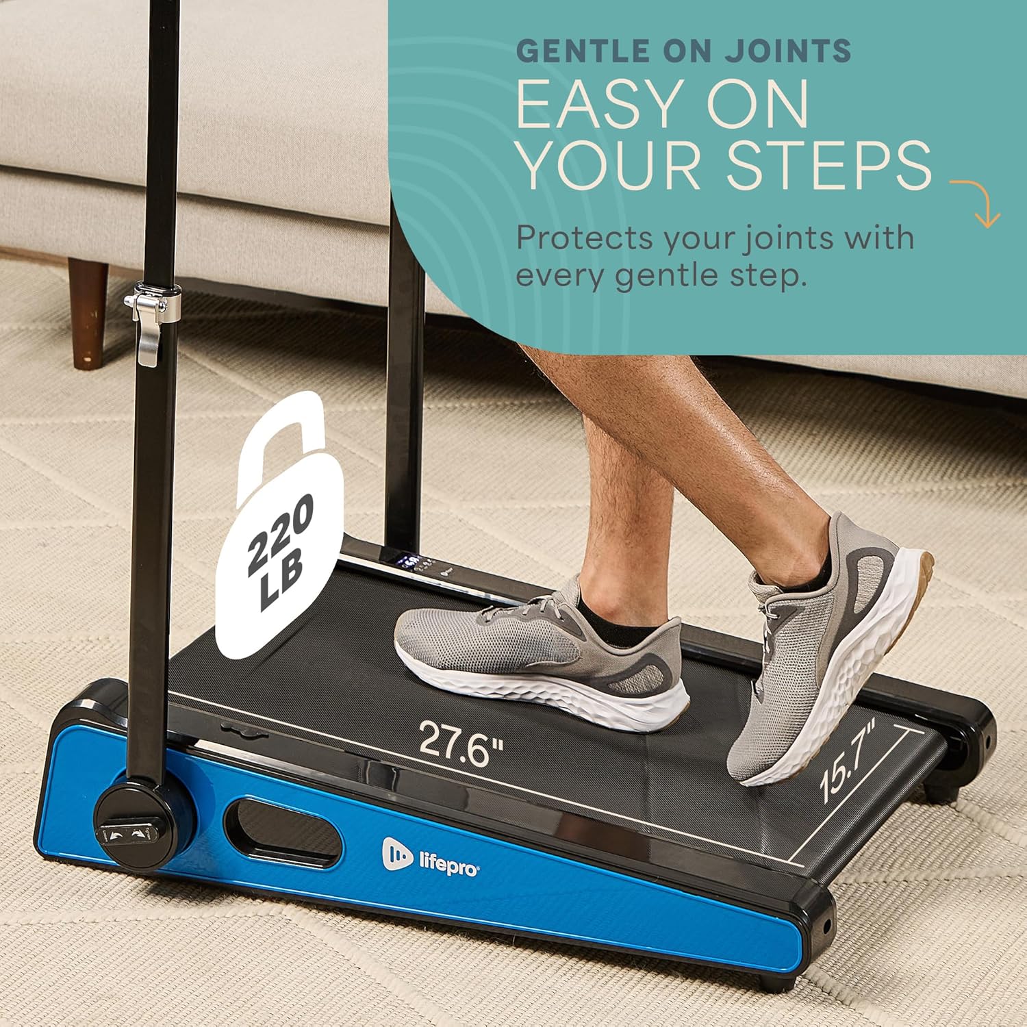 Person's feet on the walking pad showing the dimensions of the walking surface