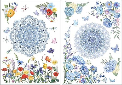 Joeyan Rub on Transfers for Crafts and Furniture,Boho Mandala Transfer Decals Stickers with Flowers,2 Sheets Large DIY Craft for Fabric Wood Ceramic Glass Plastic,Furniture Decals for Home Office