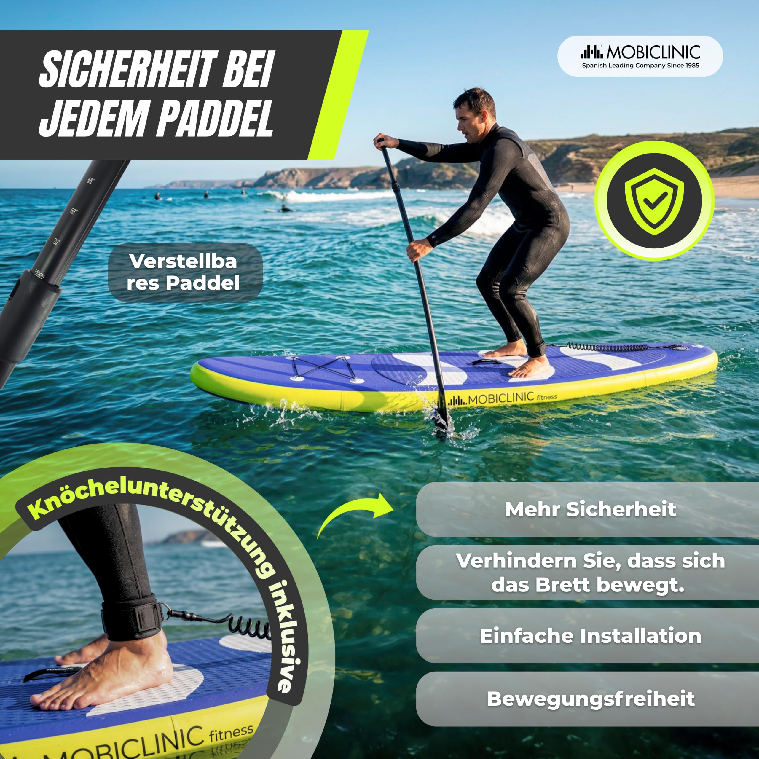 Mobiclinic®, Stand Up Paddling Board, Inklusive Pumpe, Flossen, Rucksack, Paddel, Handyhülle und Reparaturset, 315x78x15 cm, Faltbar, bis 150 kg, Für Kinder, Erwachsene und Haustiere