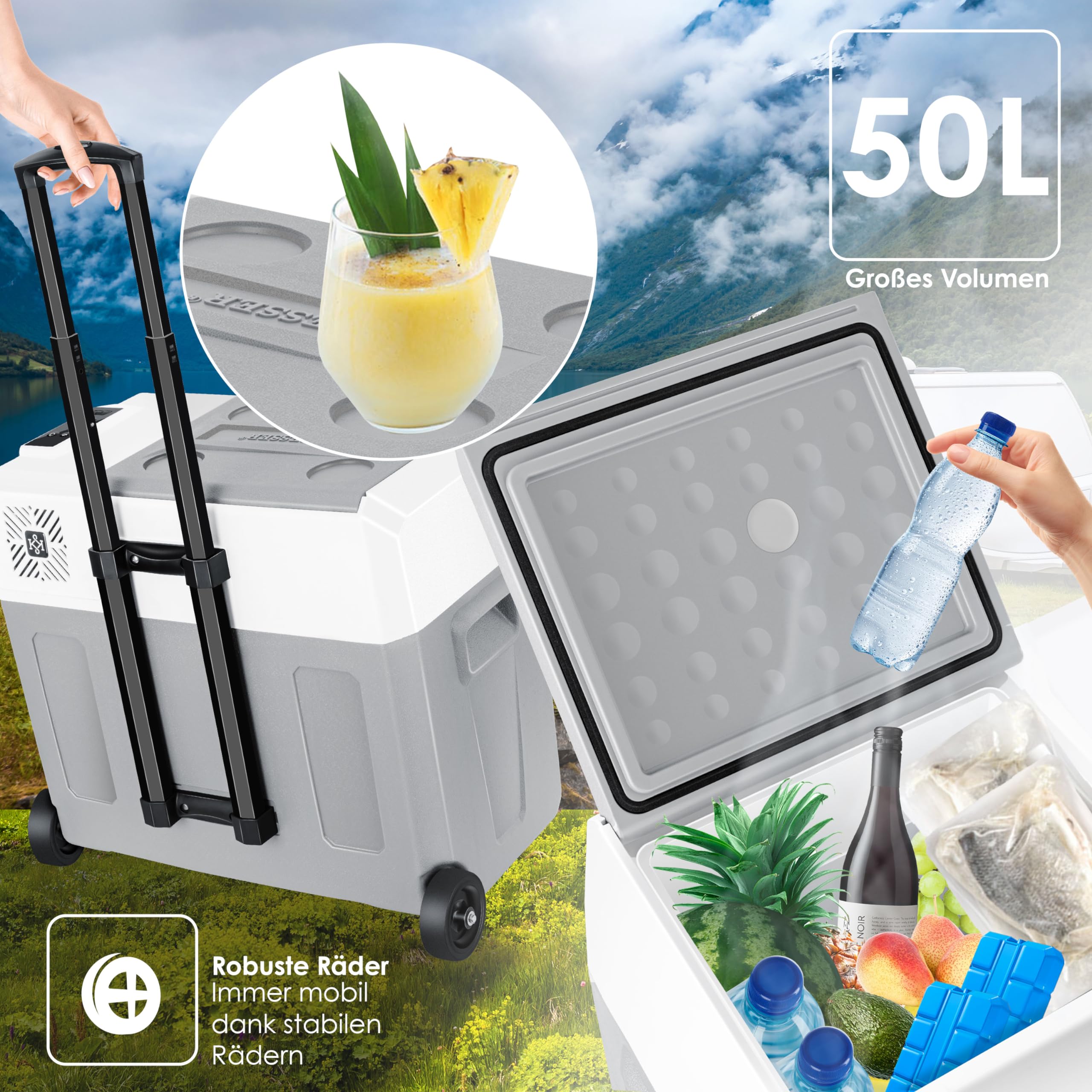KESSER® Kompressor Kühlbox elektrisch Gefrierbox, 50 Liter Mit APP-Steuerung USB-Anschluss 12/24 V 230V, +Teleskopstange, 2x Kühlakkus Räder Kühlschrank Kühlung bis -20 °C für Auto, Lkw, Boot