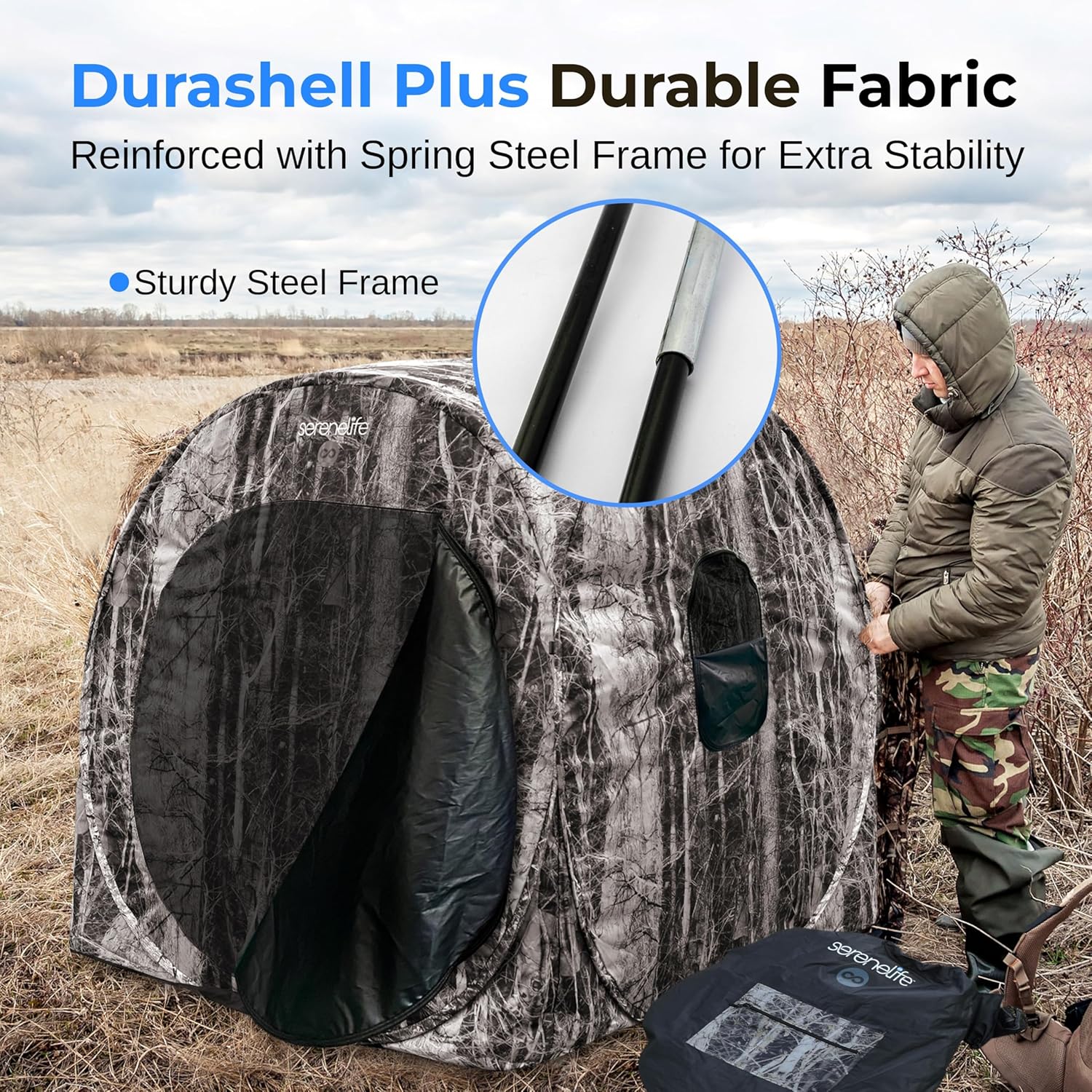 SereneLife Hunting Blind for Deer and Turkey Shooting, See-Through Hunting Gear with Carry Bag, Pop-Up Portable Ground Equipment and Accessories (Camouflage)