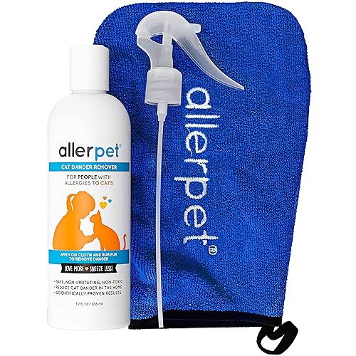 Allerpet Aloe Vera Free Cat Dander Remover - Pet Dander Allergy Relief, Natural & Safe Allergy Relief for Cats and Humans, Soothing Chamomile & Rosemary, Made in USA (12 oz) - Single w/ Applicator Mitt + Sprayer