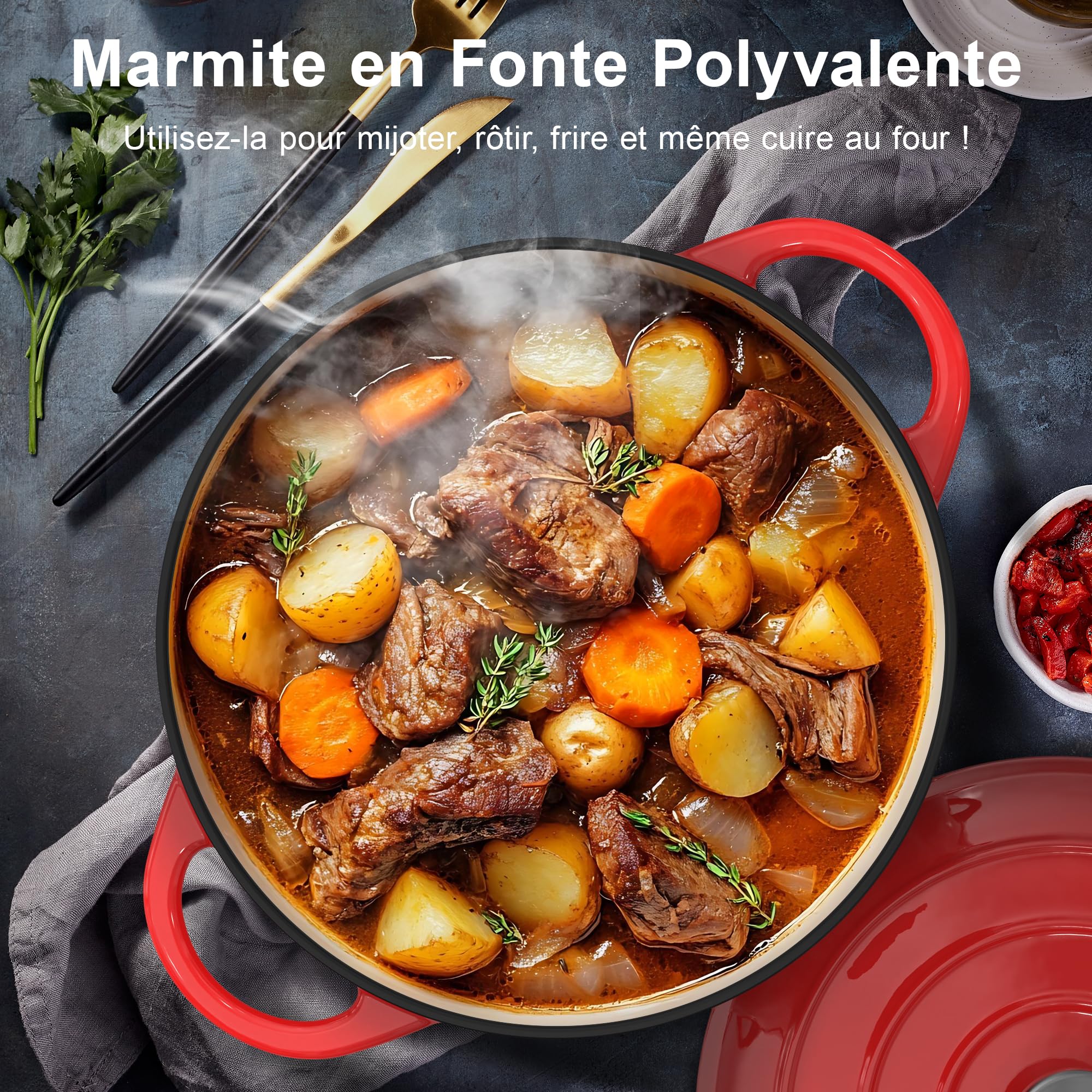 Cocotte Fonte - 26cm Rouge Faitout Marmite Four Hollandais avec Couvercle, Topbooc 5L Dutch Oven Émaillée Compatible Induction, Gaz, Four, Casserole pour Braiser Ragoûts Rôtir Pain