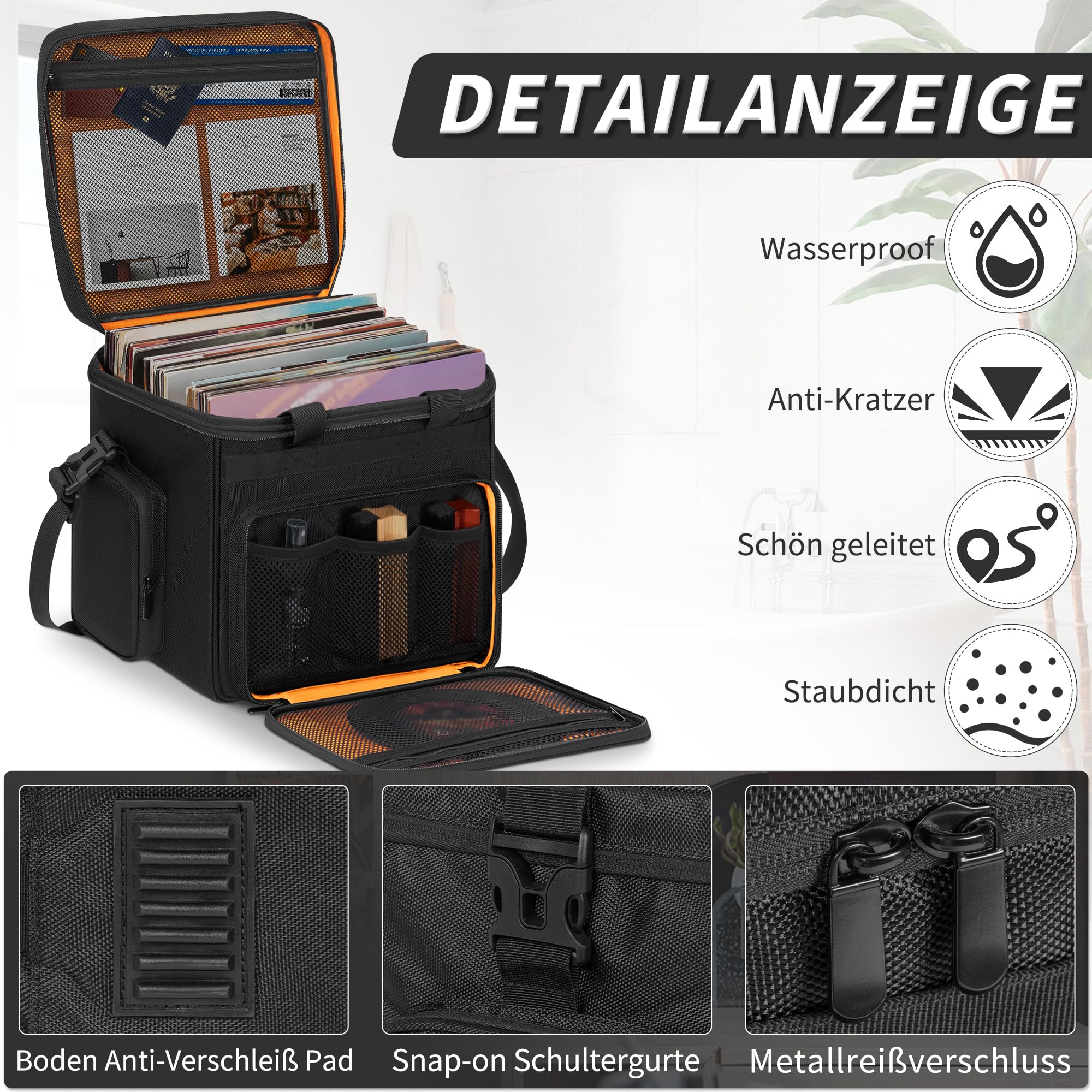 OUUTMEE Borsa per dischi in vinile - Custodia per dischi in vinile resistente all'acqua per album LP da 7/10/12 pollici, con capacità di 90-110 LP - Custodia LP con divisori rimovibili per