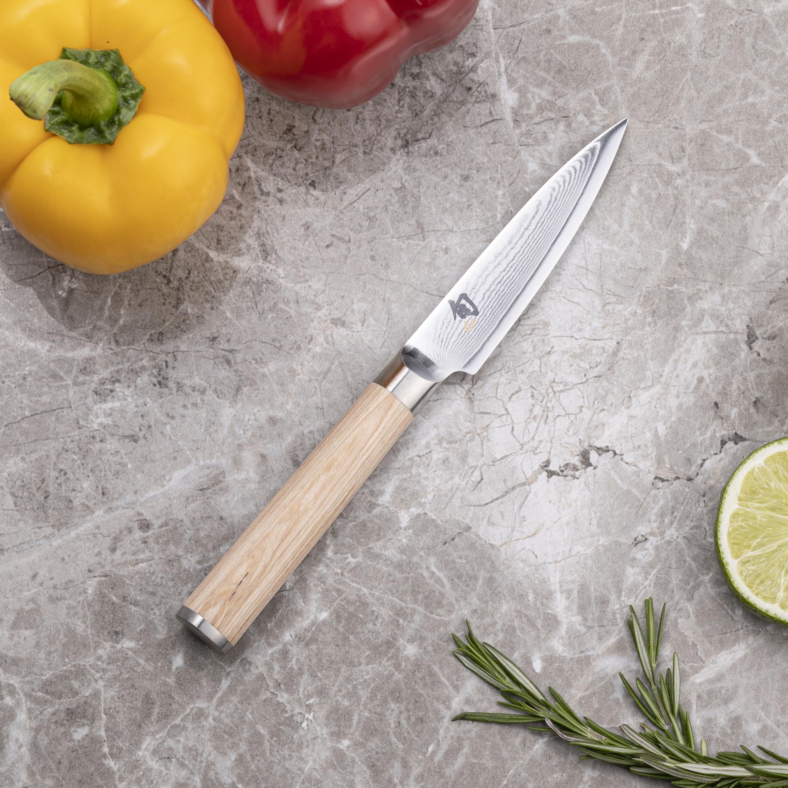 KAI Shun Classic White coltello da ufficio giapponese 9 cm lunghezza lama - coltello damasco 32 strati nucleo VG MAX - 61 (±1) HRC - manico in legno di pakka - Made in Japan
