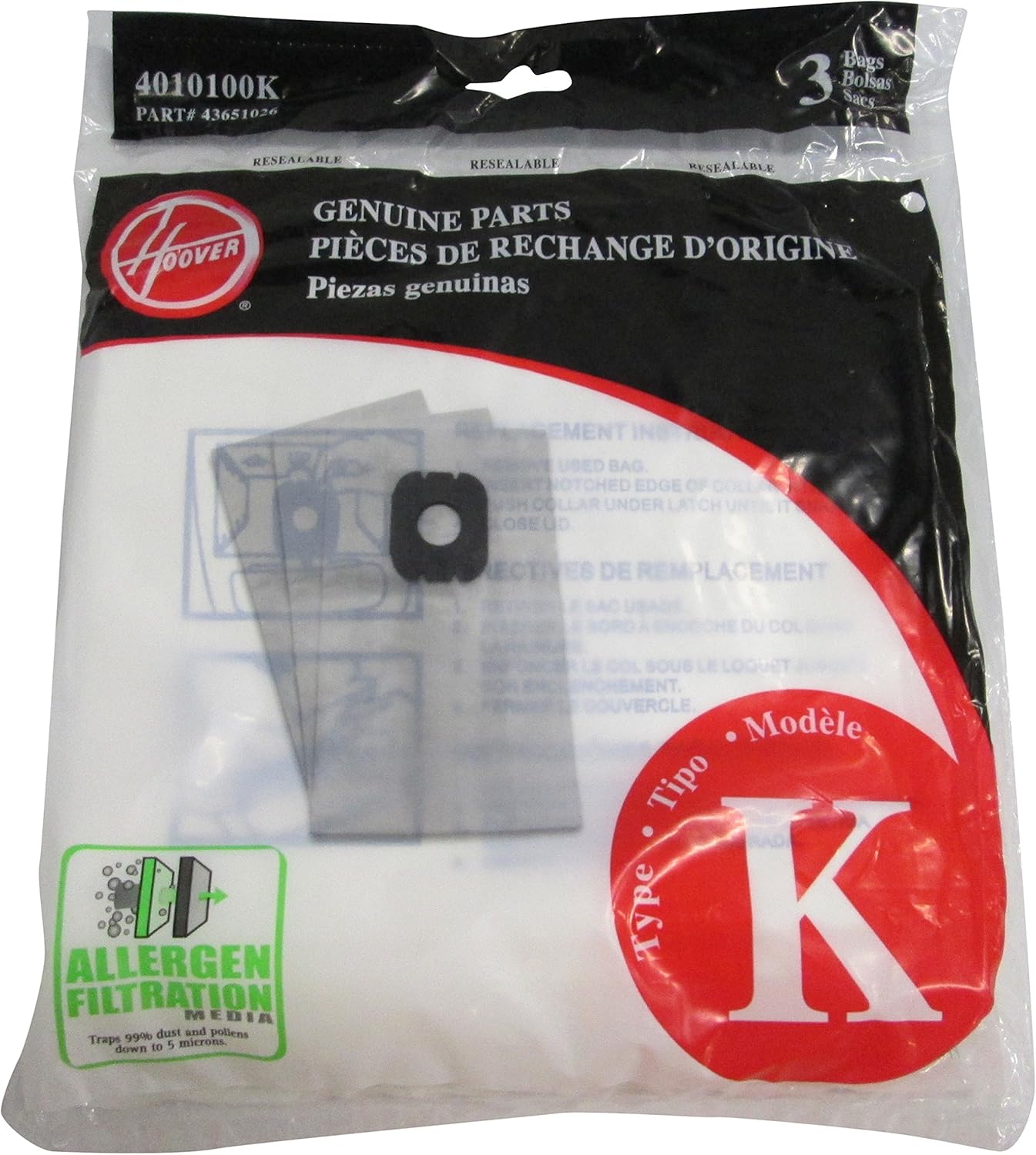 Hoover 3 Pack, Style K Allergen Filtration Vacuum Bags Hoover 3 Pack, Style K Allergen Filtration Vacuum Bags