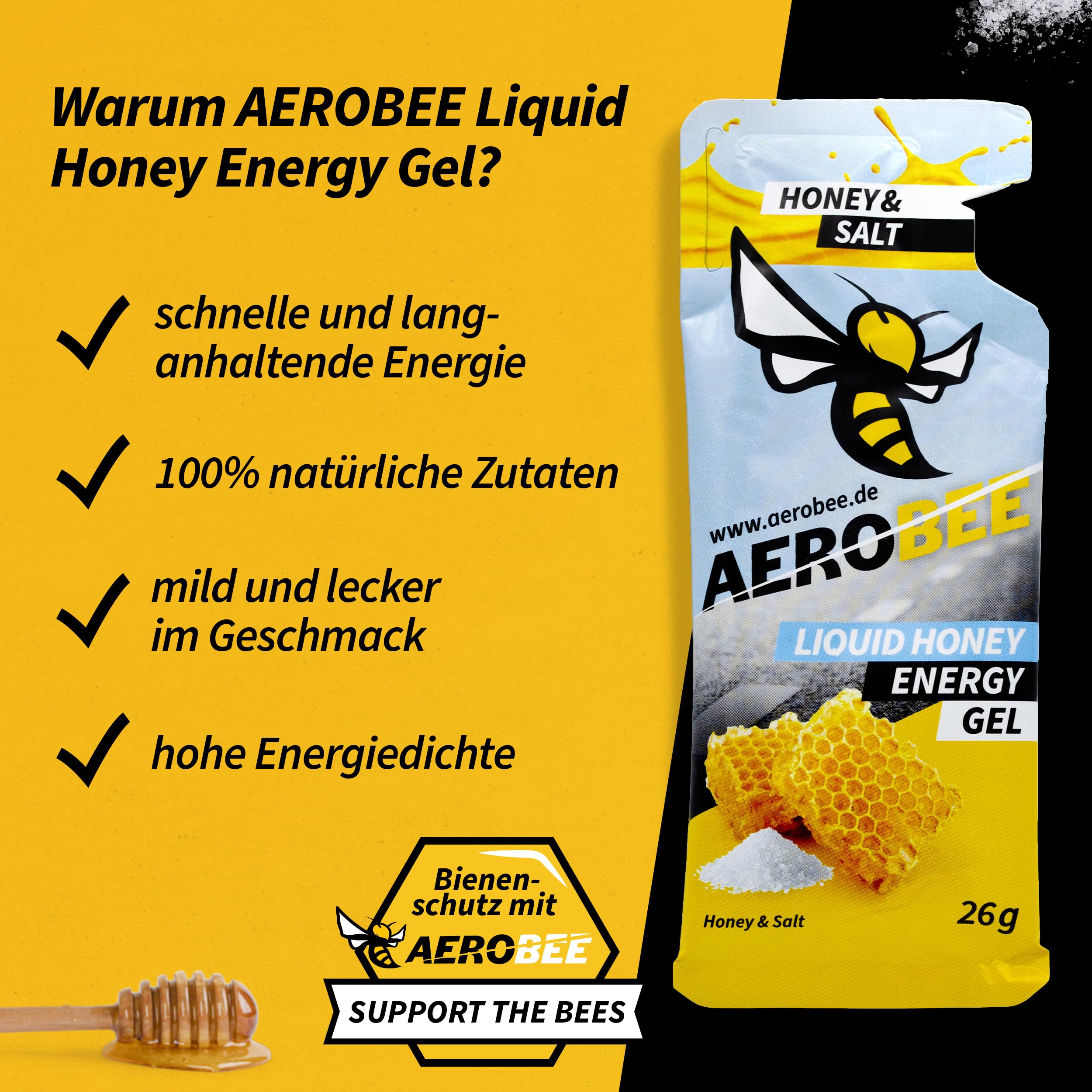 AEROBEE Energy Liquid Gel - Honey & Salt 10x26g [100% Natürliches Energie aus Honig] richtig leckeres Sportgel für den Ausdauersport, Energy Gel Laufen, Power Sport, Kohlenhydrate