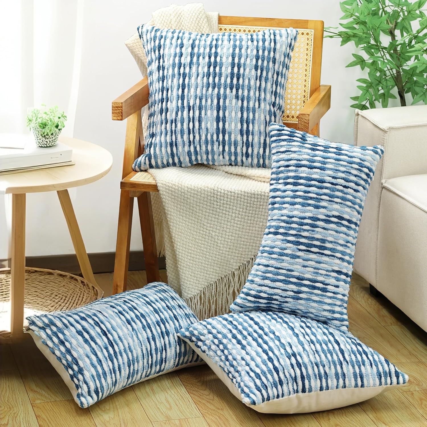 Boho Chenille Striped Pillow Cover 12x20 Inch, Decorative Lumbar Pillow Cover for Couch Bed Sofa Living Room Bedroom Farmhouse Modern Home Decor Accent Pillowcases Set of 2, Blue White