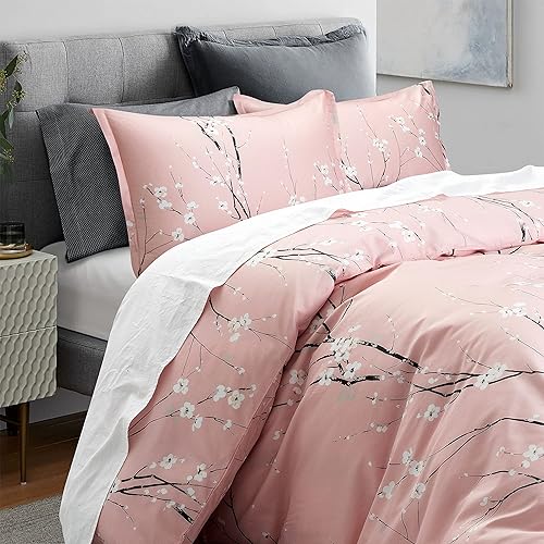 Miniatura 7 de Sakura Blossom - Juego de ropa de cama de 3 piezas con estampado de ramas florales de cerezo y almendra, estilo oriental japonés, 400 hilos, algodón