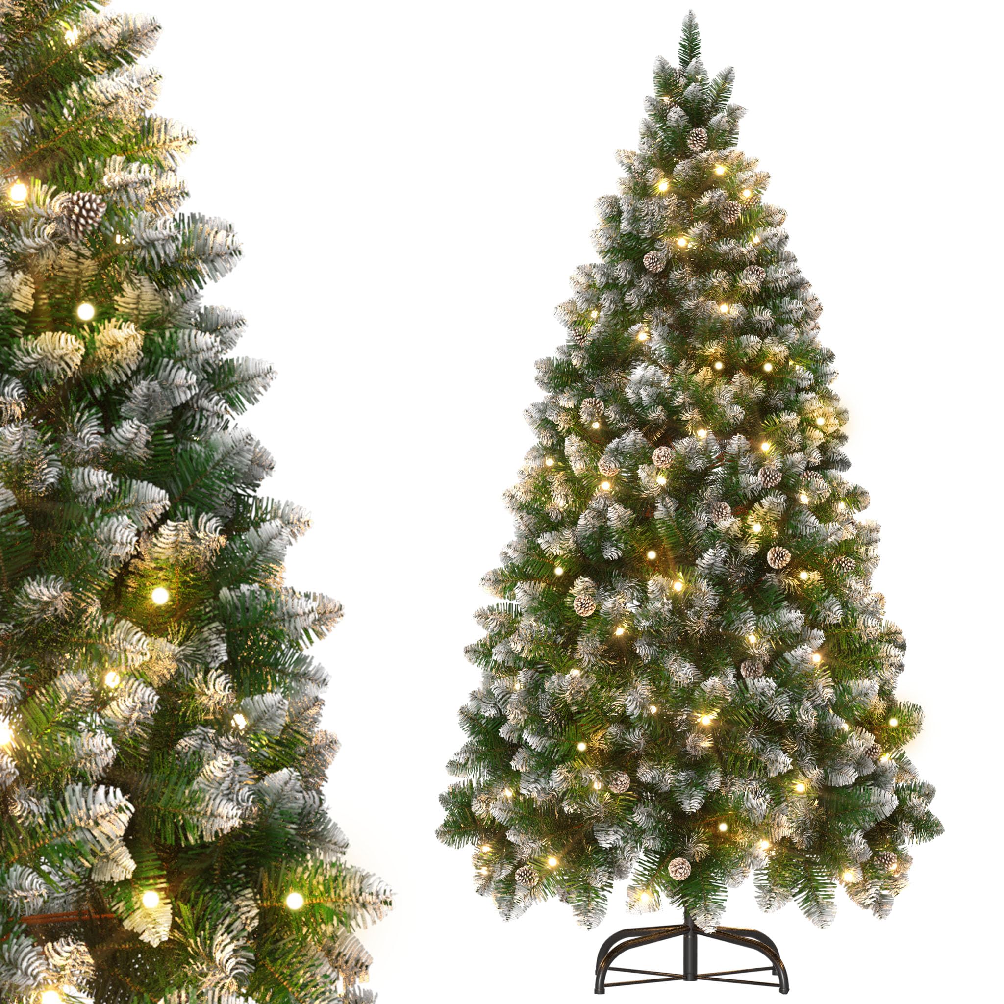 AufuN Sapin de Noël artificiel avec éclairage - 240 cm - Avec neige et pommes de pin - Montage rapide - Avec support