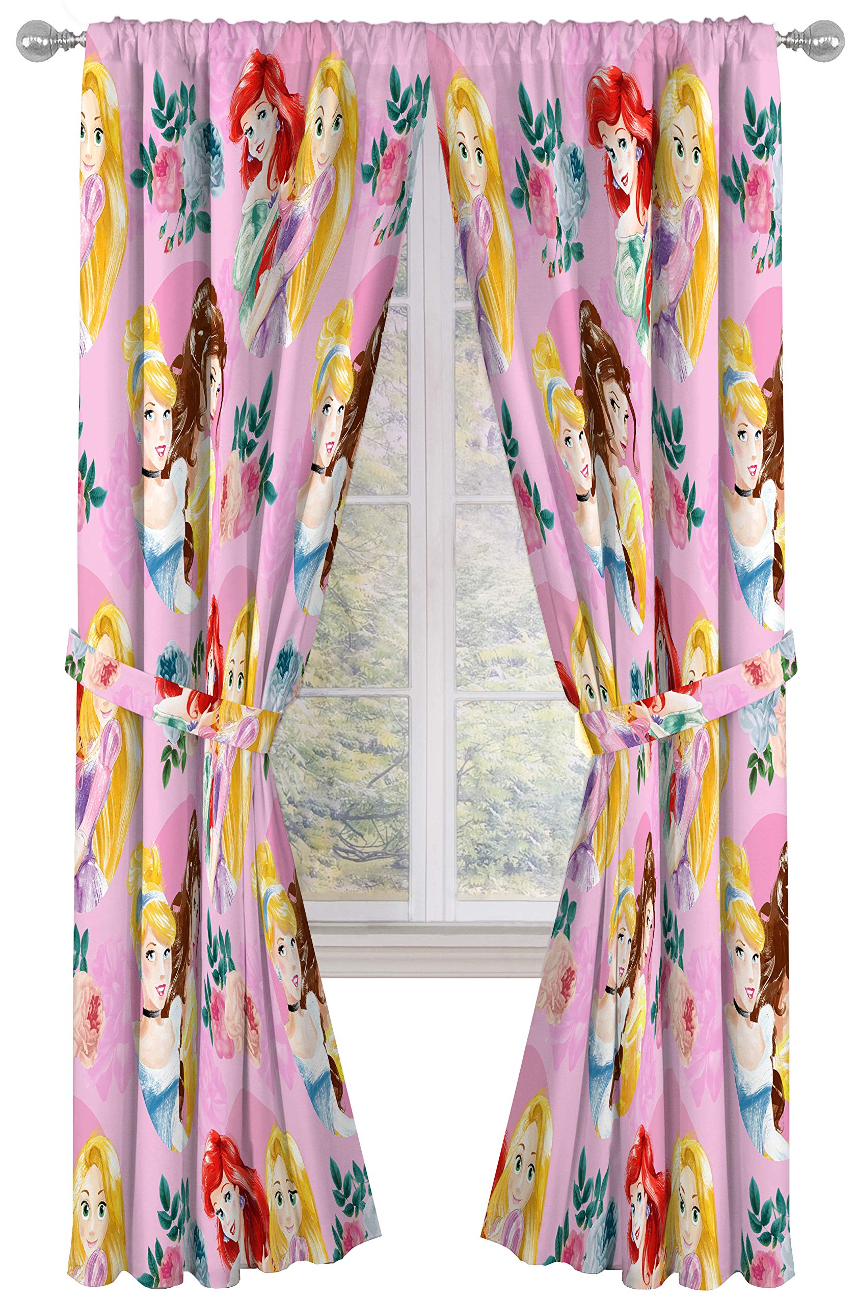 Jay Franco Disney Princess Sassy 84" Inch Drapes 4 Piece Set - Beautiful Room Décor & Easy Set Up, Bedding Features Aurora & Rapunzel - Window Curtains Include 2 Panels & 2 Tiebacks
