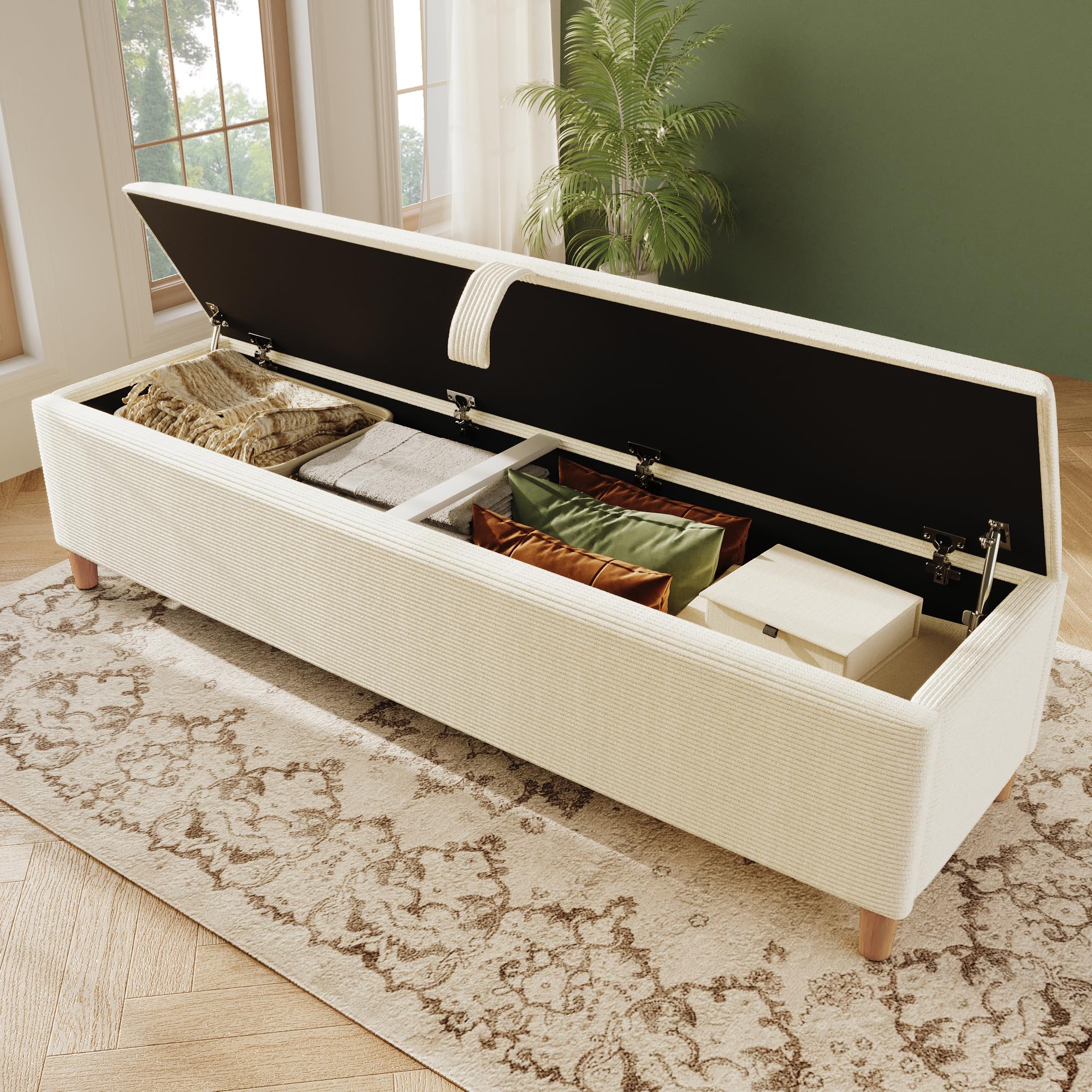 Panca da letto con vano portaoggetti, 165 x 38 cm, panca imbottita con spazio idraulico, scatola portaoggetti adatta per camera da letto, soggiorno e corridoio, effetto velluto a coste beige.