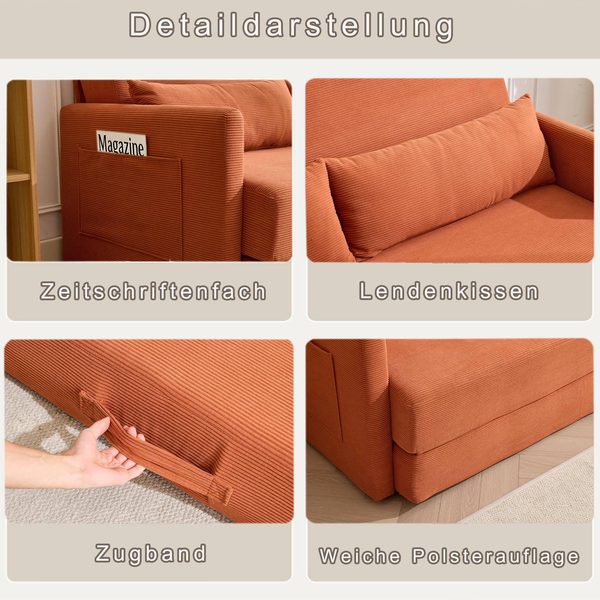 Generisch 2 w 1 sztruksowa sofa składana 2-osobowa, pomarańczowa sofa z poduszką