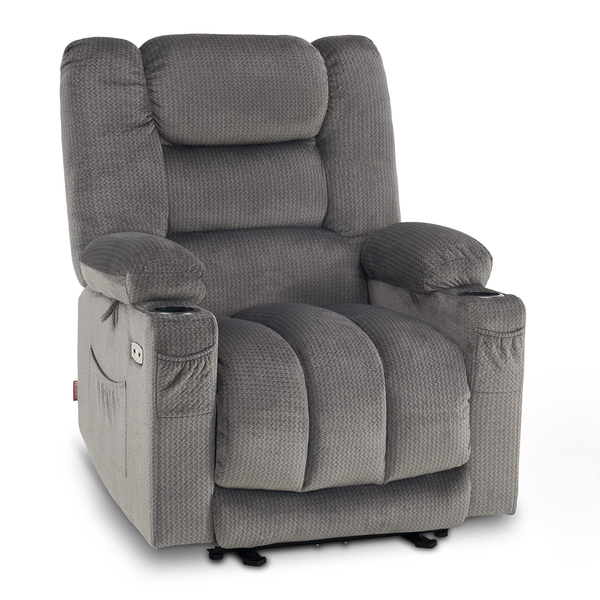 Zero Gravity Electric Recliner Armchair, Power Reclining Chairs with Massage & Heat, Extended Footrest, USB Ports, Cup Holders for Living Room 6079 (Grey, Medium)