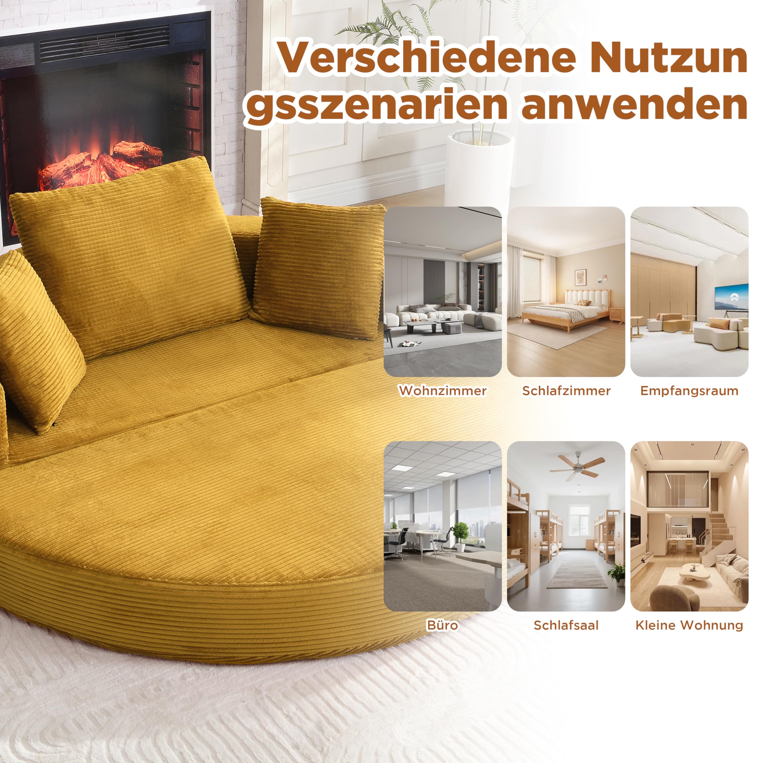Merax Klappsofa Bett 2 in 1 Boneless Couch Schlafsofa Klappsofa Bett Gästebett Lazy Sofa Bodensofa, Modulares Bodensofa mit Kissen, oval 173x176 cm, Sofa für Wohnzimmer & Schlafzimmer,Gelb