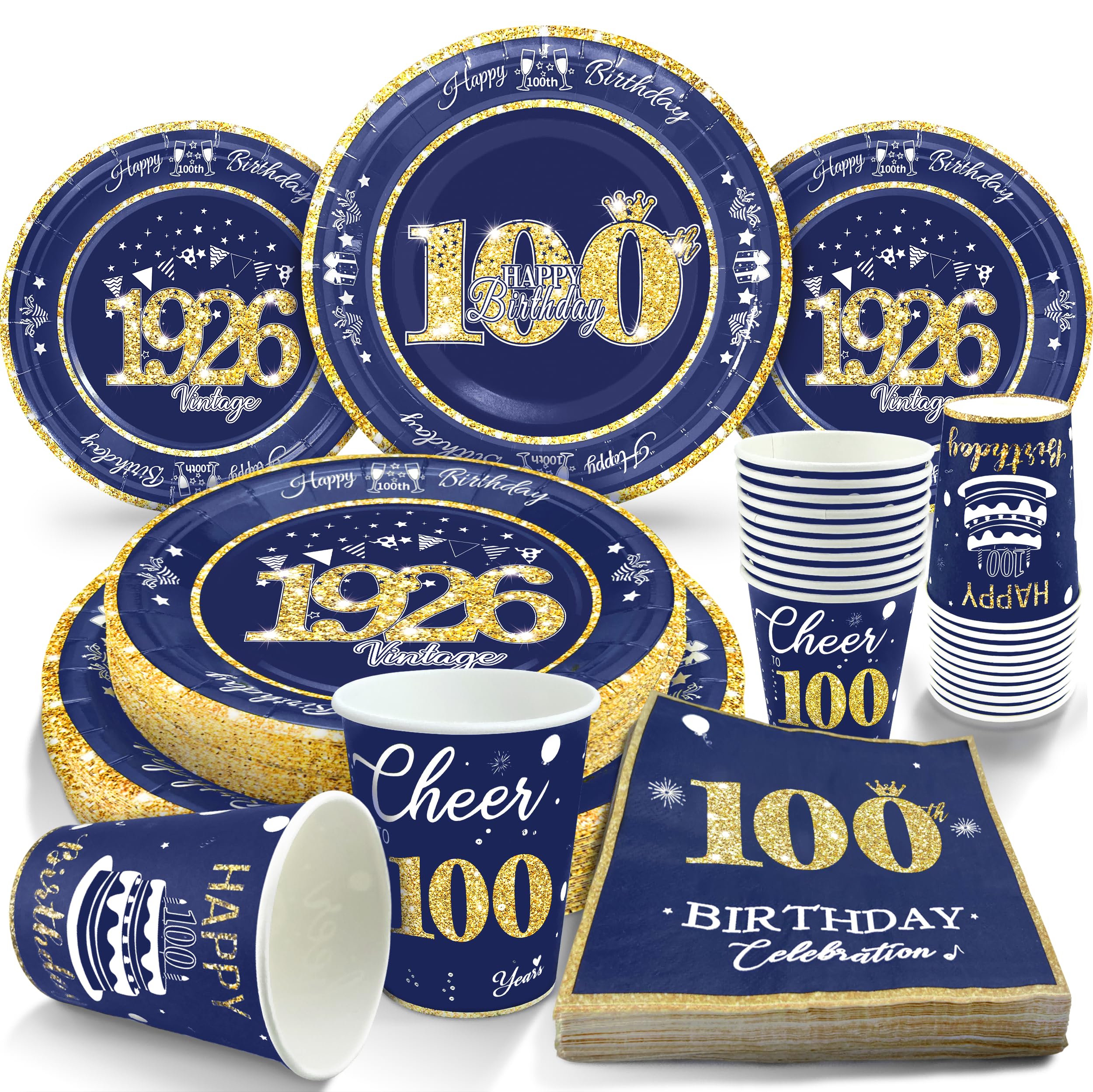 algpty 100th Birthday Decorations Blue and Gold, Service for 30, Vintage 100th Birthday Party Supplies Includes Blue and Gold 1926 Plates, Napkins,