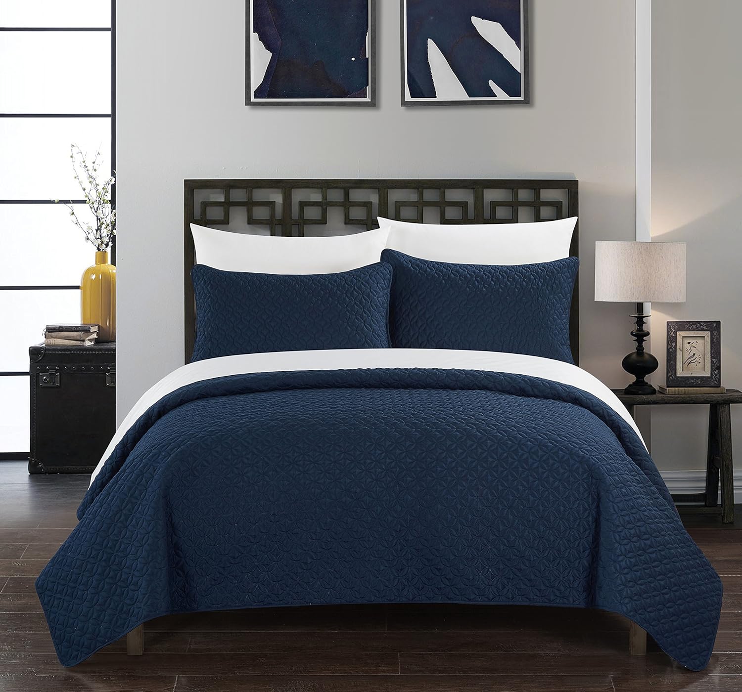 Chic Home BQS00156-AN Amandla - 3 Piece Quilt Cover Set Rose Star Geometric Quilted Bedding, Navy, King