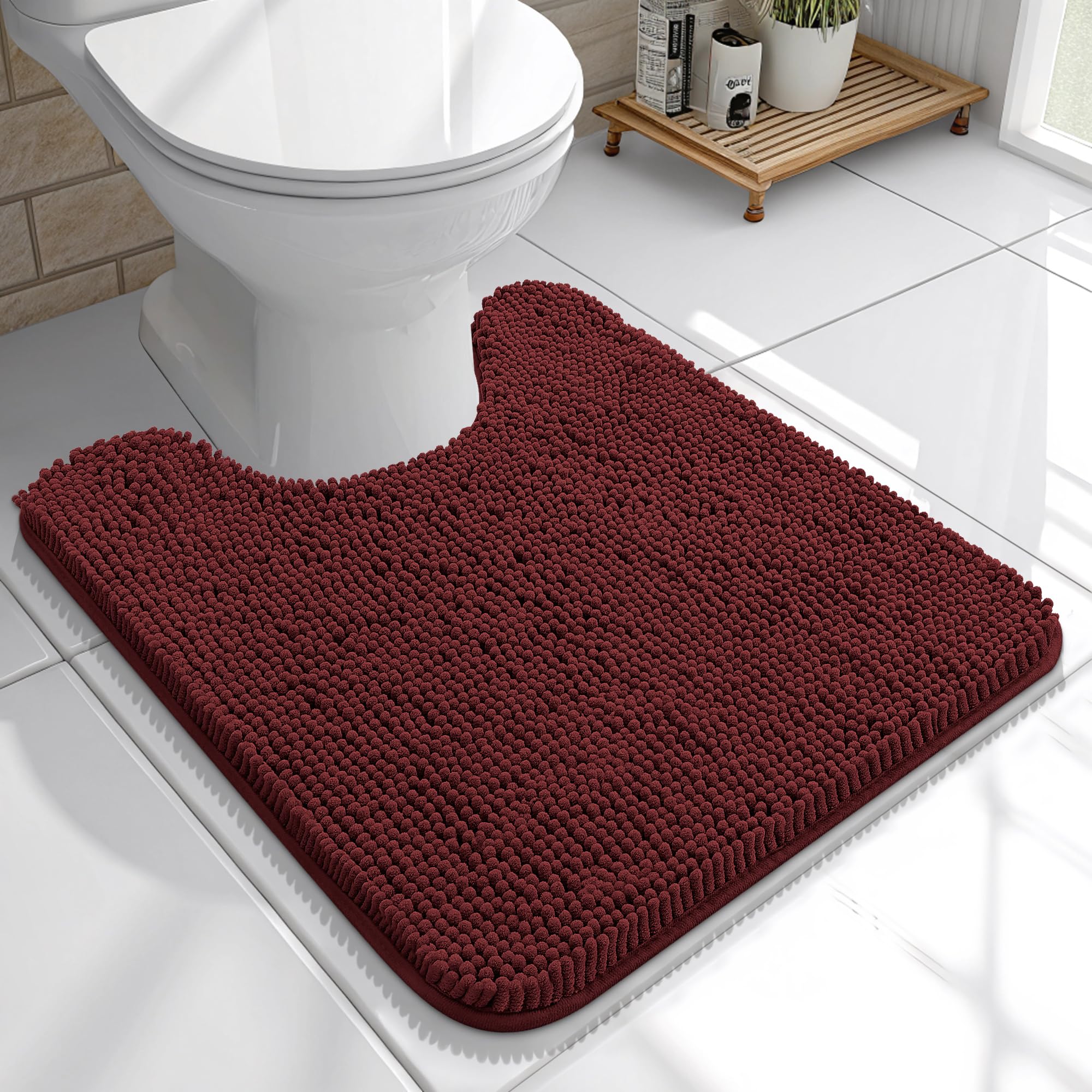 OLANLY Toilet Rugs U-Shaped 20x20, Soft Absorbent Chenille Contour Rugs | Andorra Red-Brown, Quick-Drying Rubber Backing, Washable Non-Slip Shaggy Bathroom Mat for Toilet, Home Decor Accessories