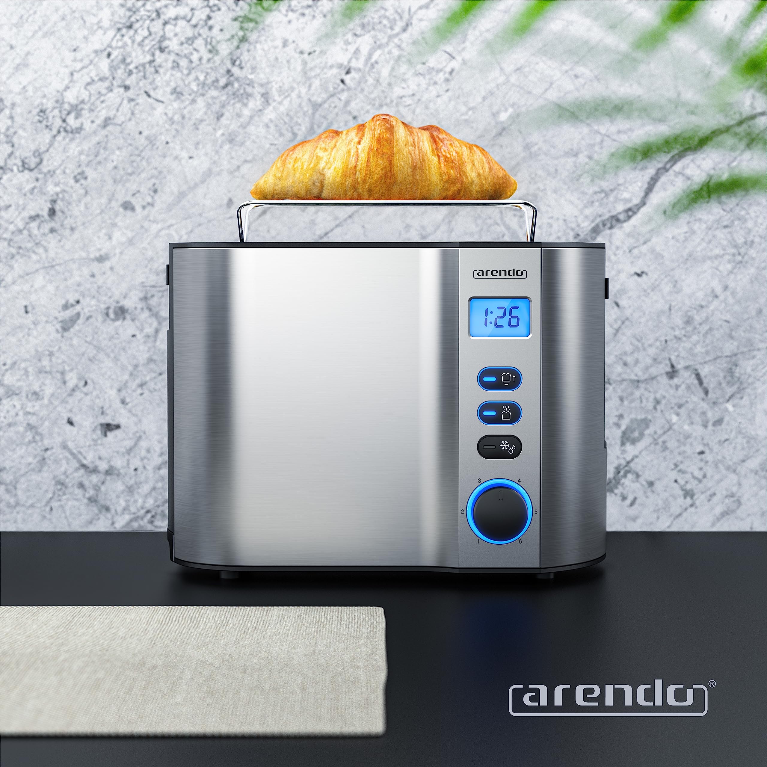 Arendo - Toaster 2 Scheiben Edelstahl mit Restzeitanzeige - 800 Watt - Doppelwandgehäuse - Integrierter Brötchenaufsatz - 6 Bräunungsgrade - kurz - Brotscheibenzentrierung – beleuchtetes LCD-Display