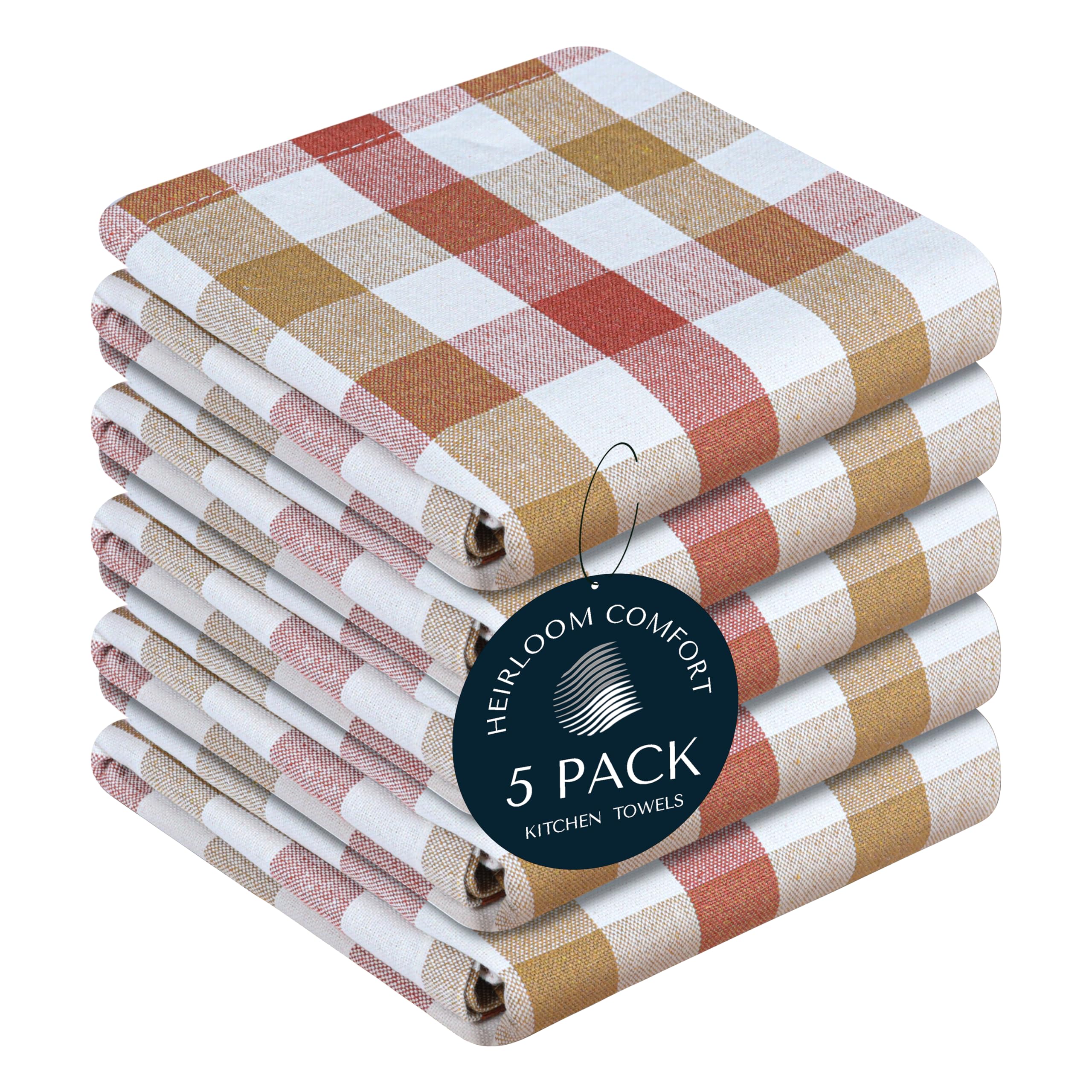 HEIRLOOM COMFORT Gingham Check Kitchen Towels 5 Pack, 45x66 cm, 100% Cotton, Super Absorbent & Quick Dry, Durable Dish Towel for Drying Dishes, Machine Washable, Everyday Use - Rust, Khaki, Natural