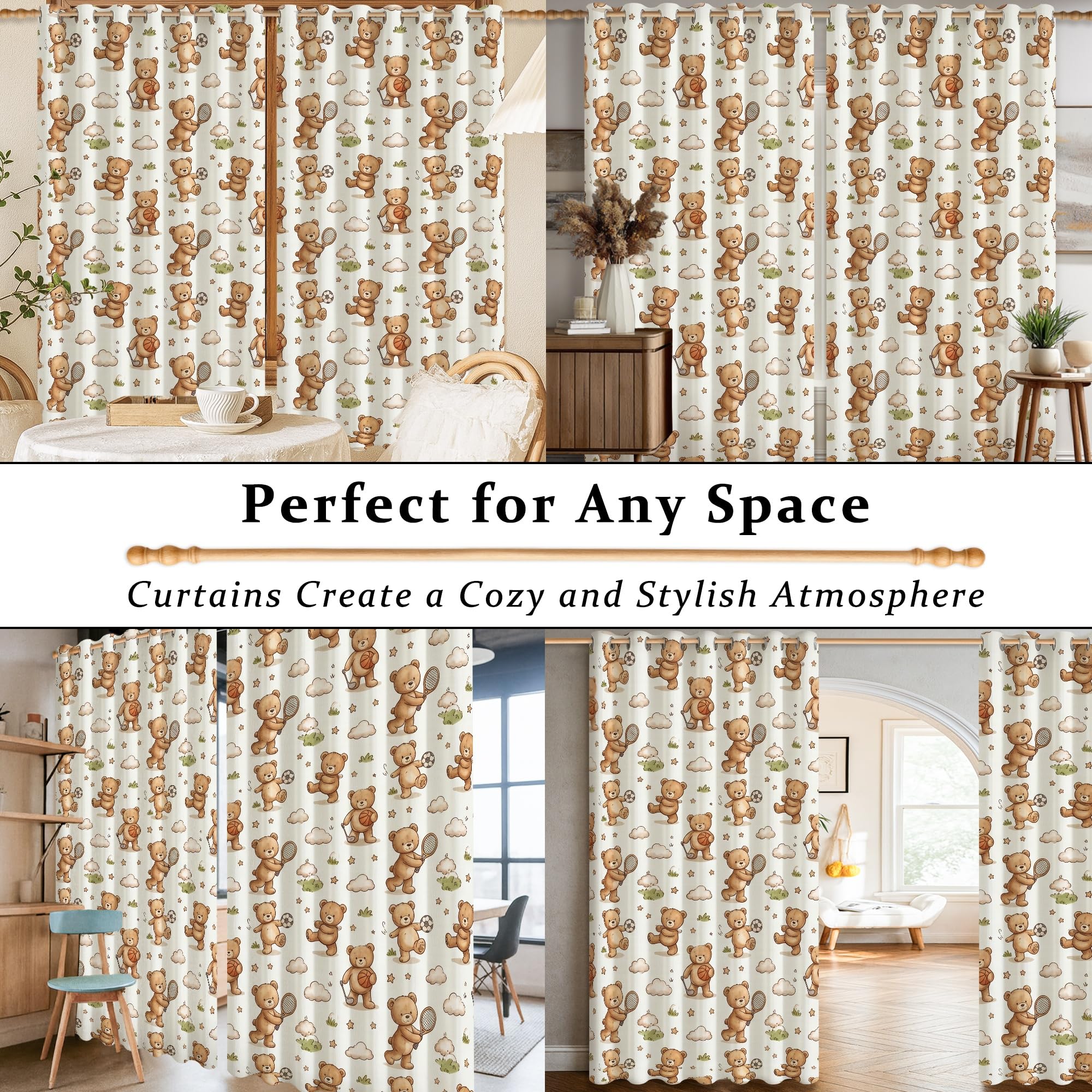 Teddybär-Verdunkelungsvorhänge, verspielte Fantasie, Wolkenstern, Frühling, Beige, maschinenwaschbar, Fensterpaneele für Wohnzimmer, Zuhause, Büro, Fensterdekoration, 132 x 213 cm
