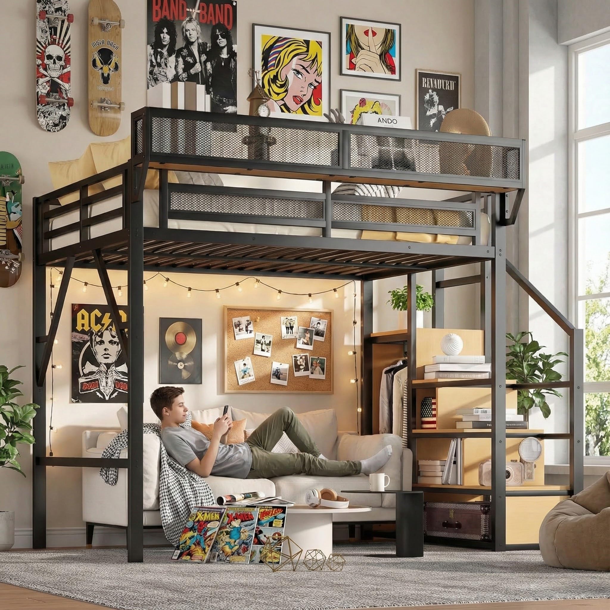 Full Size Loft Bed with Stairs, Metal Loft Beds Full with Storage Shelves, Adults Loft Bed with Wardrobe, Heavy Duty High Lofted Bed for Teens, No Box Spring Needed, No Noise, Black