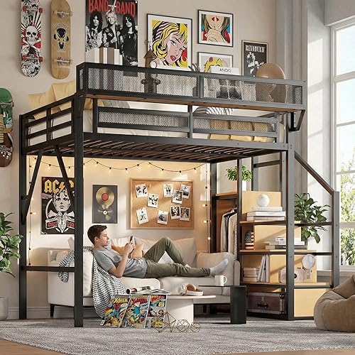 Full Size Loft Bed with Stairs, Metal Loft Beds Full with Storage Shelves, Adults Loft Bed with Wardrobe, Heavy Duty High Lofted Bed for Teens, No Box Spring Needed, No Noise, Black