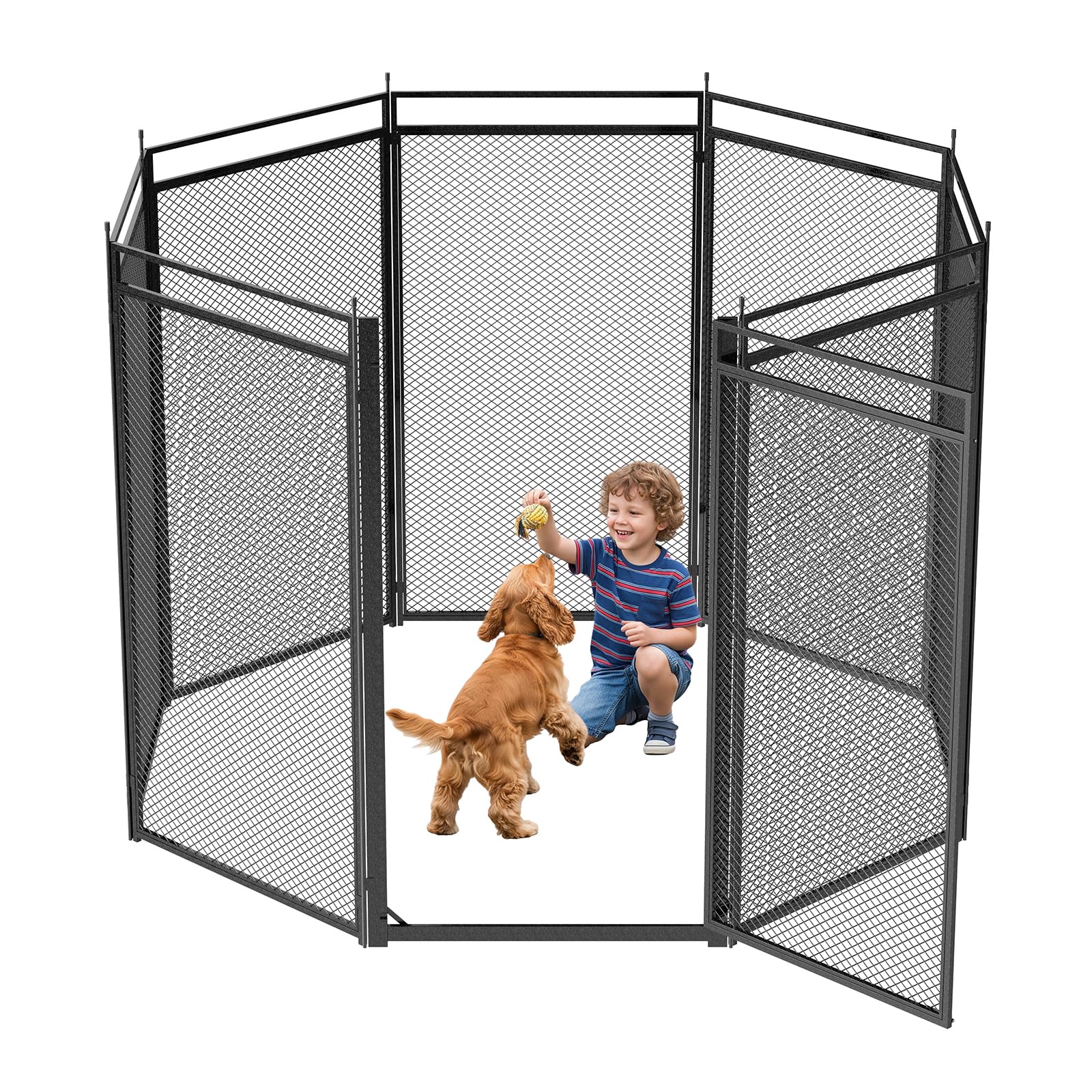 Dog Fence with Safety Mesh, 47" Height 8 Panels Metal Pet Playpen Indoor Outdoor, Portable Dog Fence Outdoor for Yard,Camping&amp; RV | Black-Silver