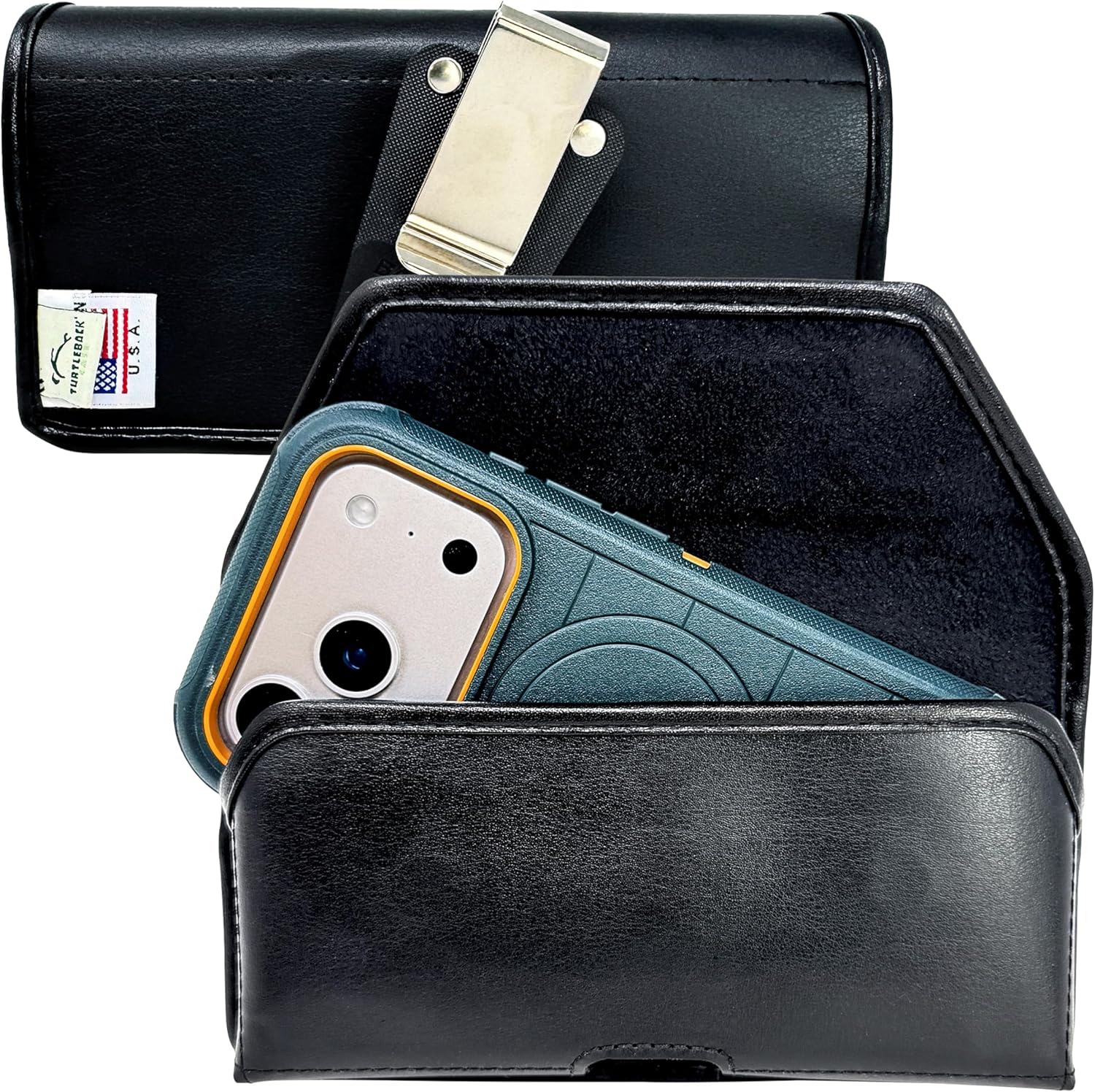 Turtleback Belt Clip for iPhone 17 Pro and 17Air -Large- Fits w/Defender Bulky Style Cases, Premium Black Leather, Horizontal Belt Holder, Magnetic Closure, HD Rotating Clip