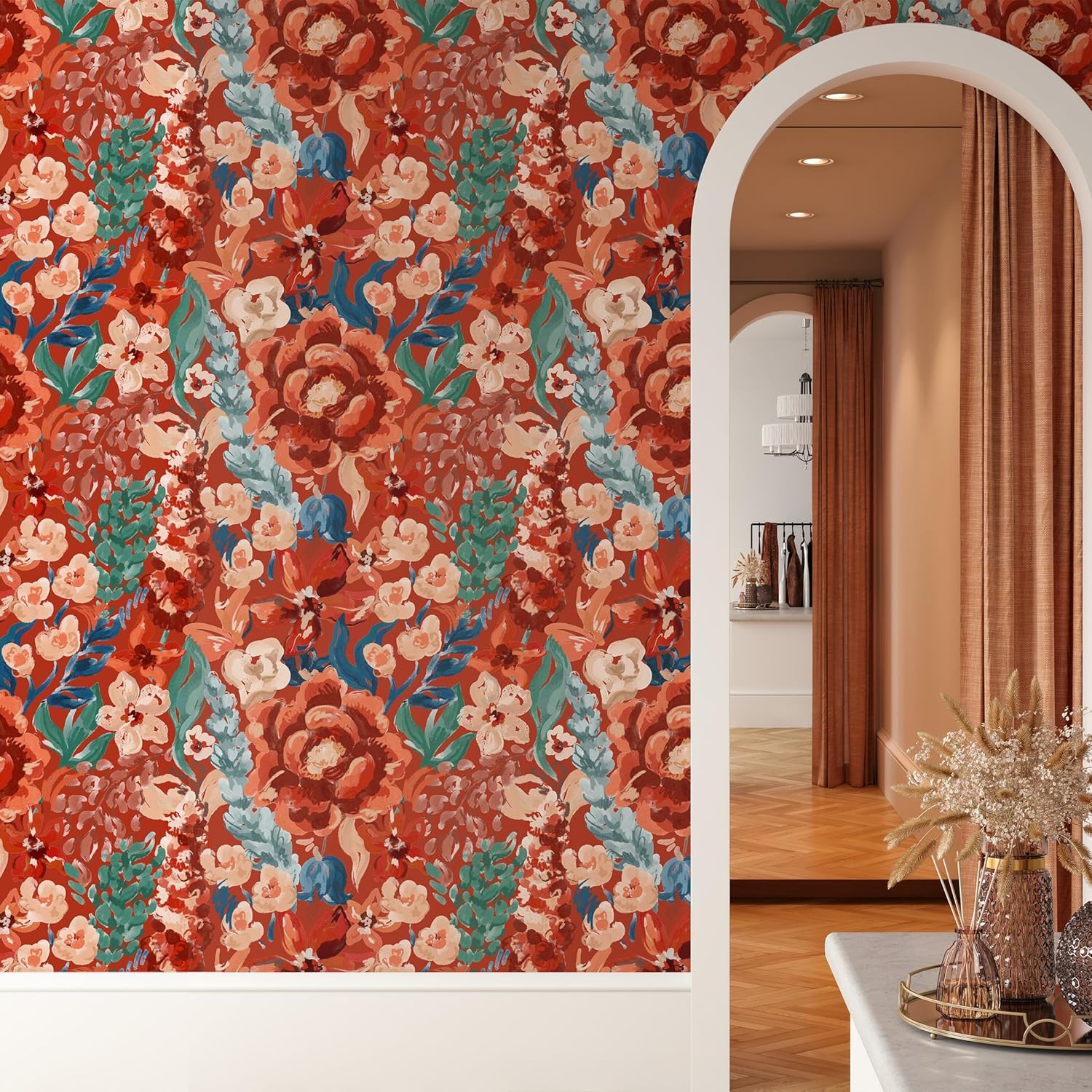 Vintage Floral Wallpaper Peel and Stick Red Flower Contact Paper Wall Paper Roll Self Adhesive Wallpaper for Bedroom Drawer Shelf Liner Decor 17.7in x 9.8ft