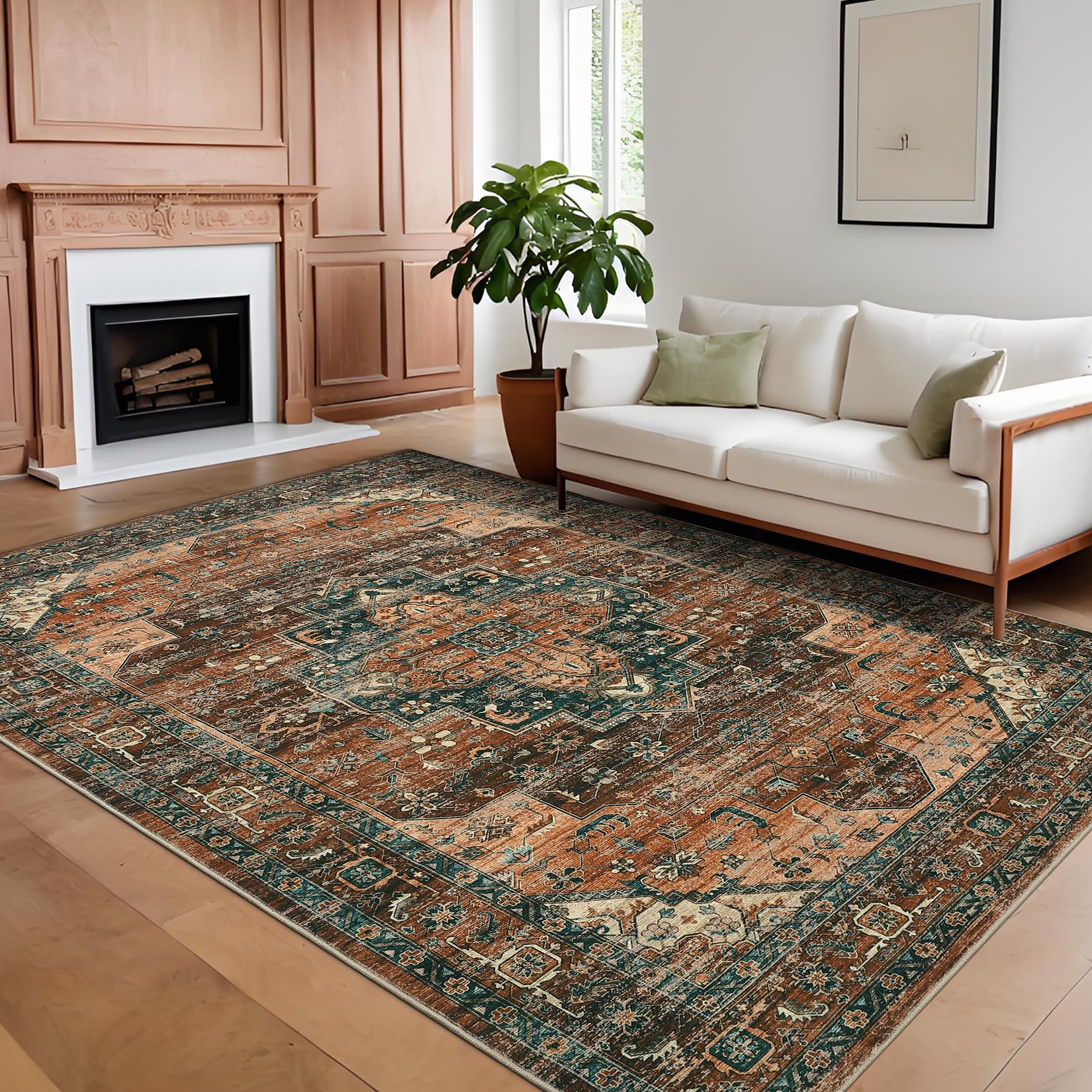 FairyStyle Washable Vintage Living Room Area Rug 160x230cm Machine Washable Area Rug for Living Room Indoor Large Non-Slip Bedroom Carpet Low Pile Stain Resistant Dining Room Carpet Chocolate Teal