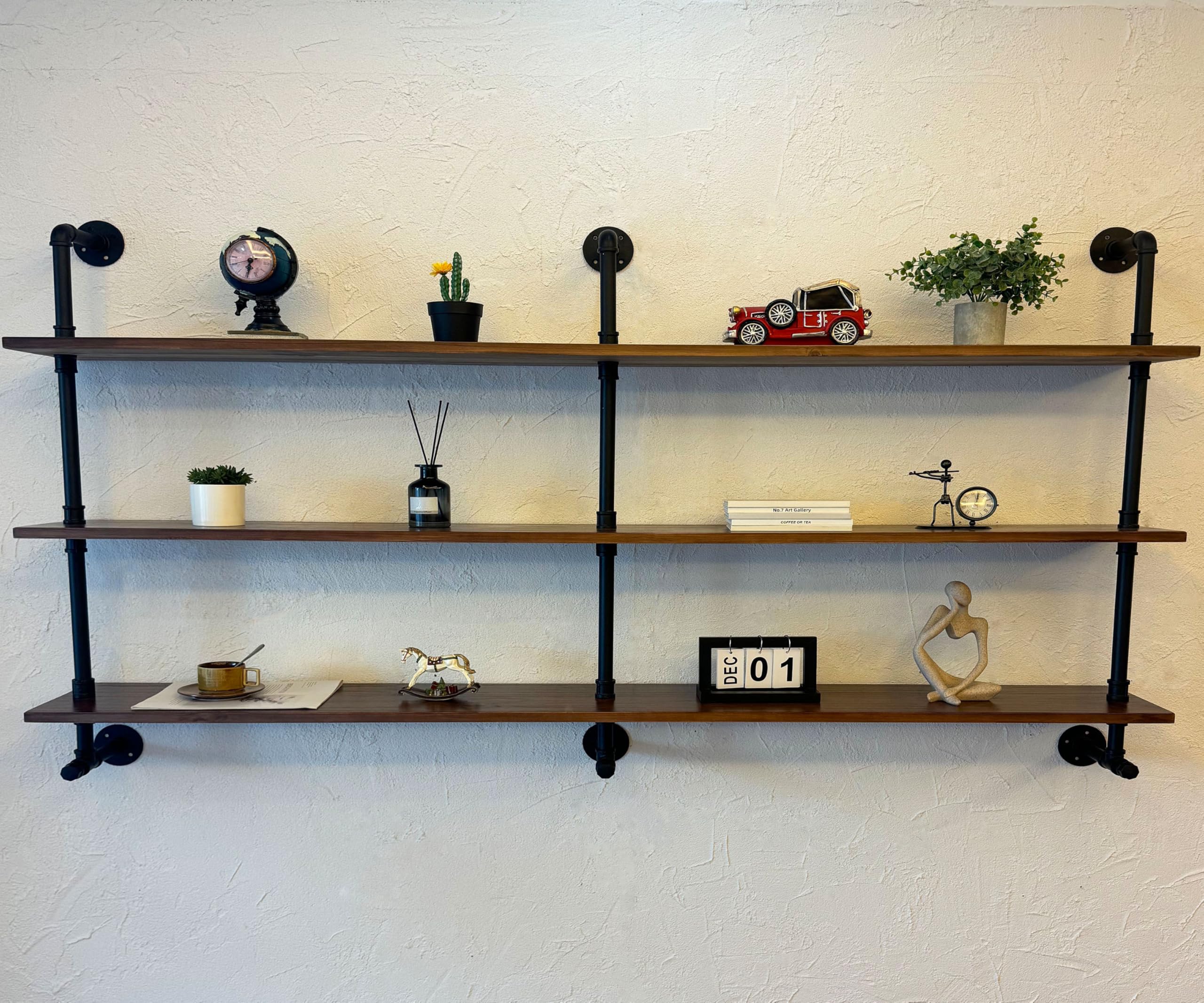 ROGMARS Industrial Pipe Wall Shelves Pipe Shelving with Real Wood Plank,70 Inches Floating Shelves for Wall Farmhouse Pipe Book Shelves Dark Brown 3Tier for Kitchen,Living Room Decor and Bar Shelving