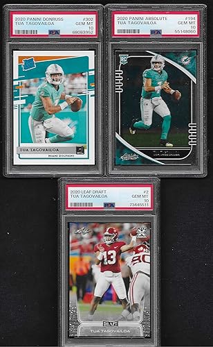 PSA 10 TUA TAGOVAILOA ROOKIE 3 CARD LOT LEAF, PANINI DONRUSS & ABSOLUTE GRADED PSA GEM MINT DOLPHINS STAR QUARTERBACK!