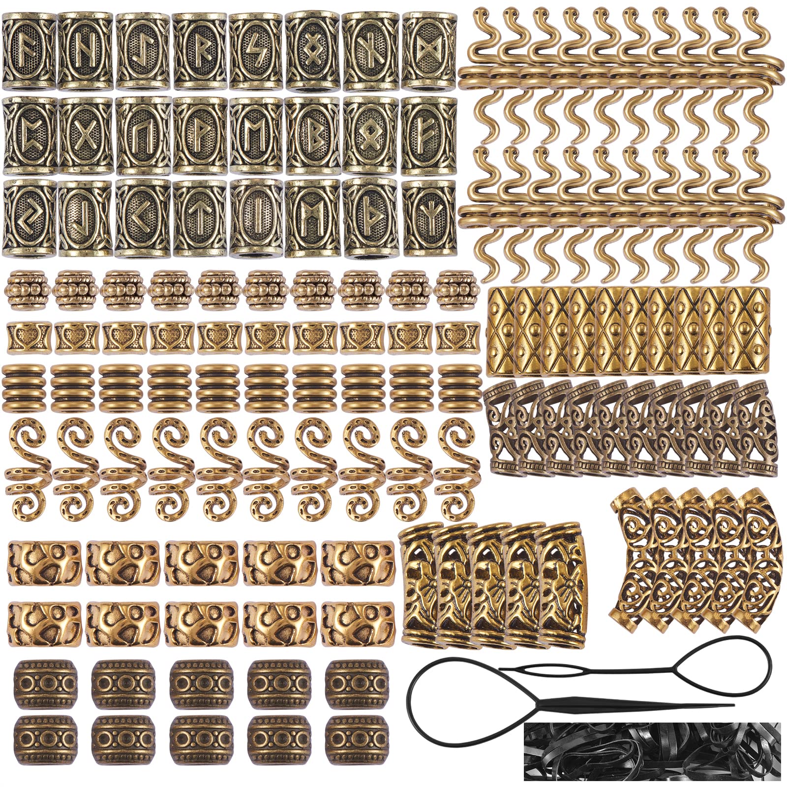 BEEFLYING 326 Pieces Viking Beard Beads Tibetan Style Alloy Beads Norse Hair Tube Loose Beads Antique Gold Hair Coil Cuffs for DIY Jewelry Making Hair