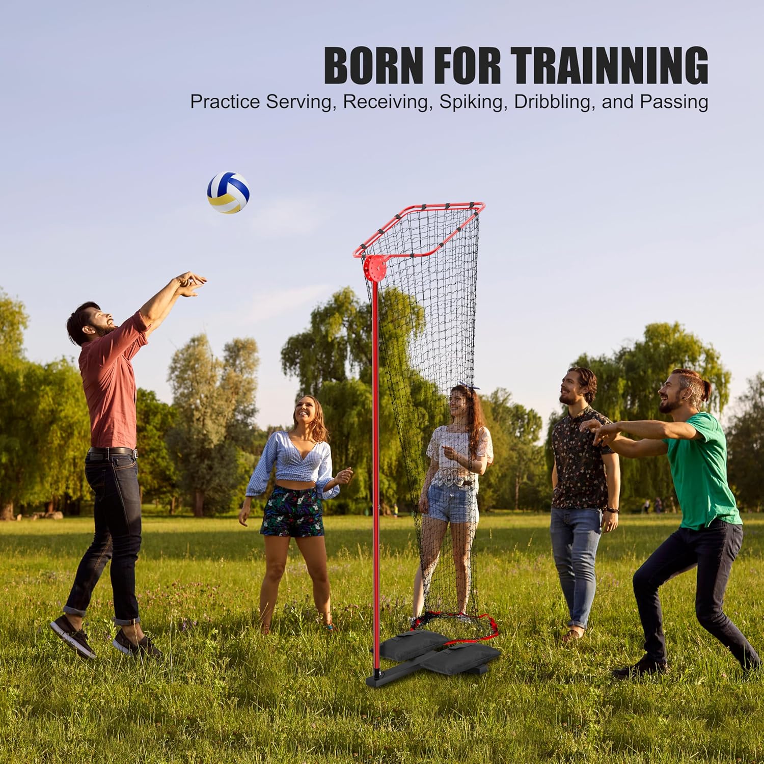 Volleyball Setter Training Equipment Net with Portable Volleyball Cart with Wheels, Volleyball Practice Equipment 5 Height Options and Adjust The Target Hoop Angle by 10 Angles