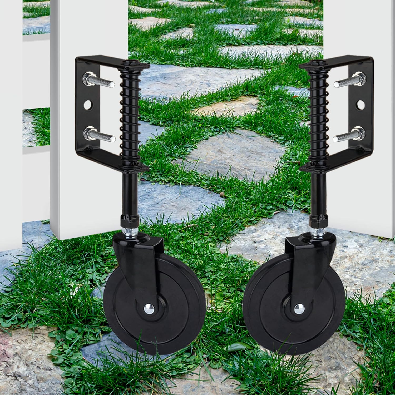 4 Inch Heavy Duty Gate Wheel, Fence Gate Caster for Metal Tube Gate, Adjustable Spring Loaded Door Wheel with 360° Swivel for Farm Gate, Black Rubber Gate Caster Without Metal Break, 2 Pack